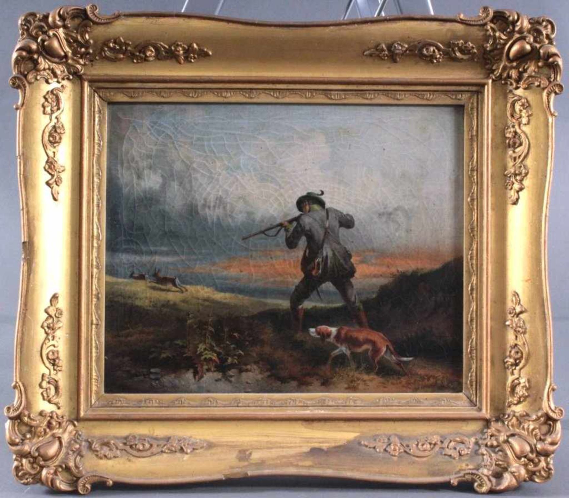 Jäger mit Hund beim Hasenschießen, 19. Jh.Öl auf Leinwand gemalt, unsigniert,