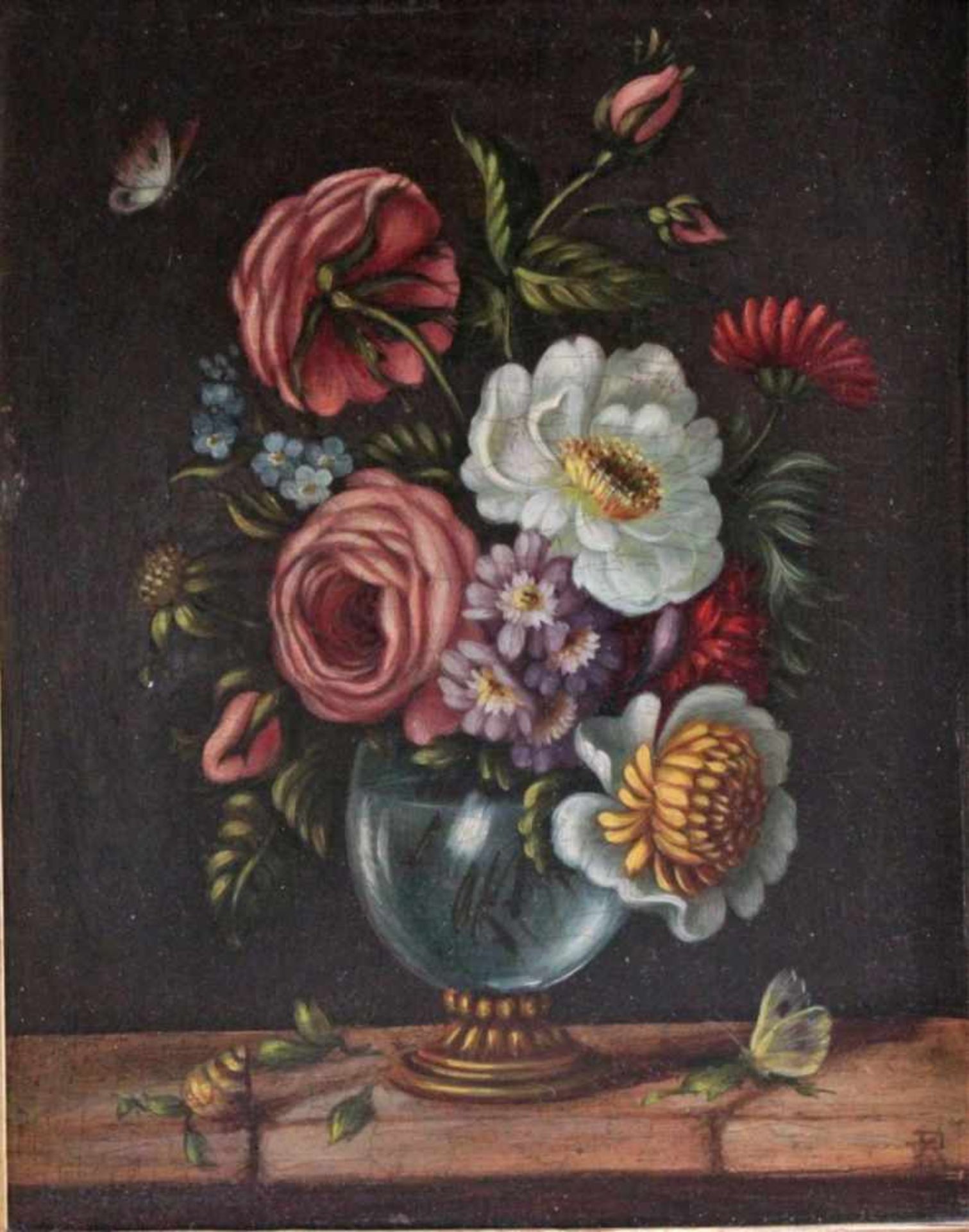 Blumenstillleben mit Insekten um 1900, Monogrammist TR.Öl auf Holz gemalt, unten rechts mit - Bild 2 aus 3