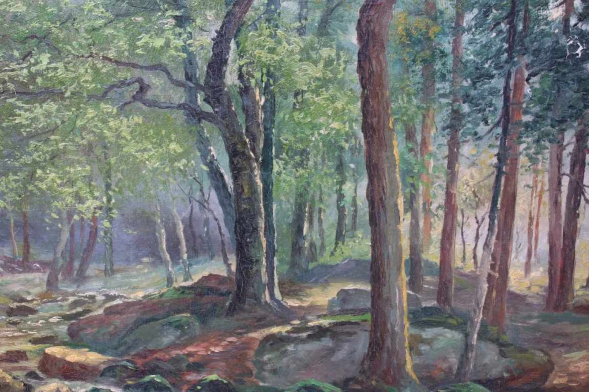 Hans Berger (1882-1977)Öl auf Leinwand auf Holz, "Waldlandschaft mit Fluss undfigürlicher Staffage", - Bild 4 aus 8