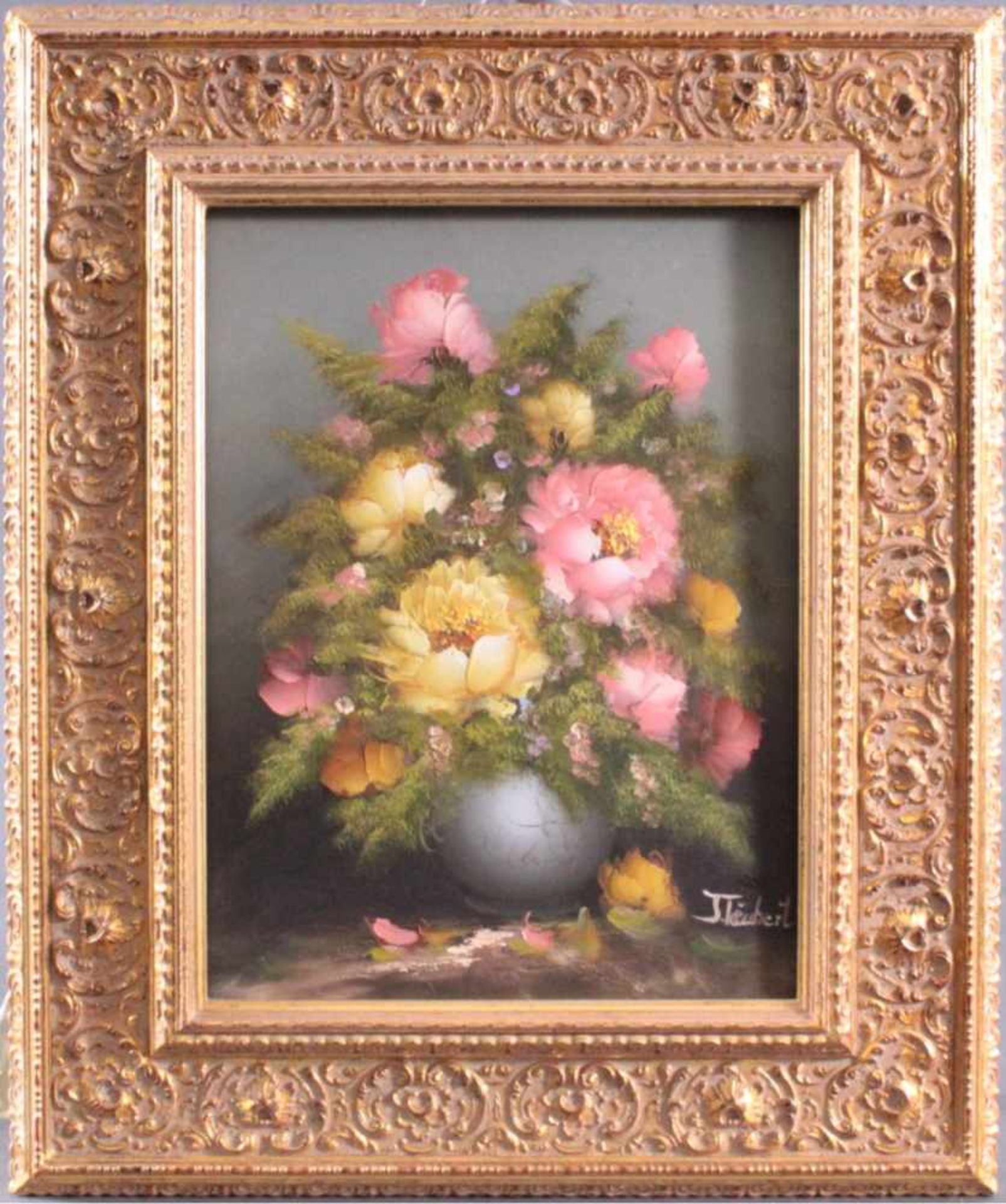 J. Täubert (1956)"Blumen in Vase". Öl/Leinwand, rechts unten signiert, ca. 30x 40 cm. Gerahmt