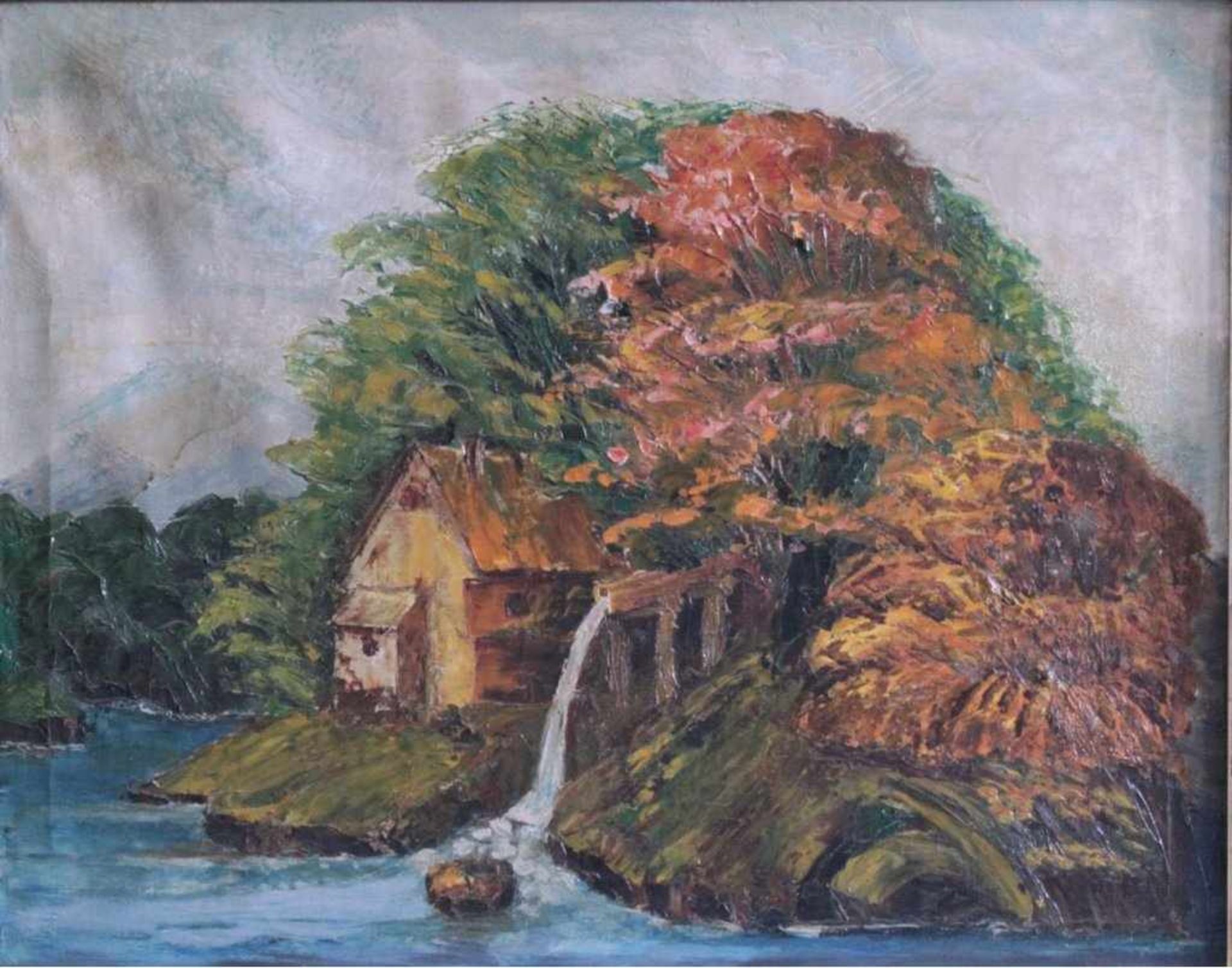 Unbekannter Künstler, "Bauerngehöft am Bach"Öl/Leinwand, unsigniert, ca. 40 x 50 cm. Gerahmt. - Bild 2 aus 3