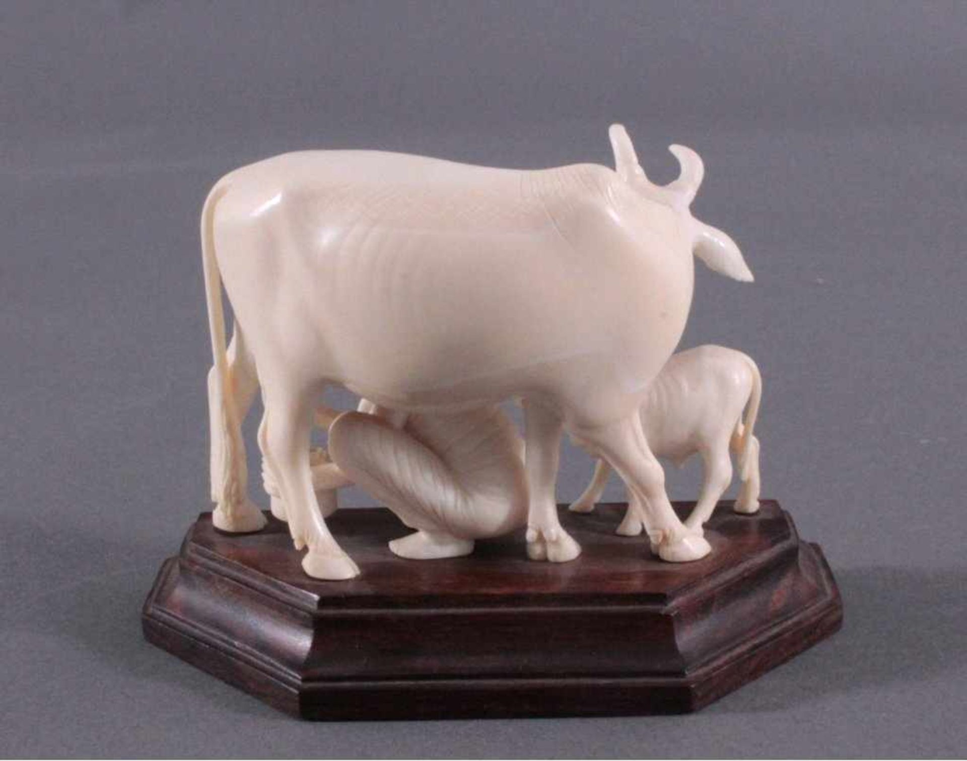 Elfenbeinfigur, Kuh mit Kalb und Bäuerin beim melkenvollplastisch geschnitzt, ca. 8 x 11 x 5,5 cm. - Image 3 of 5