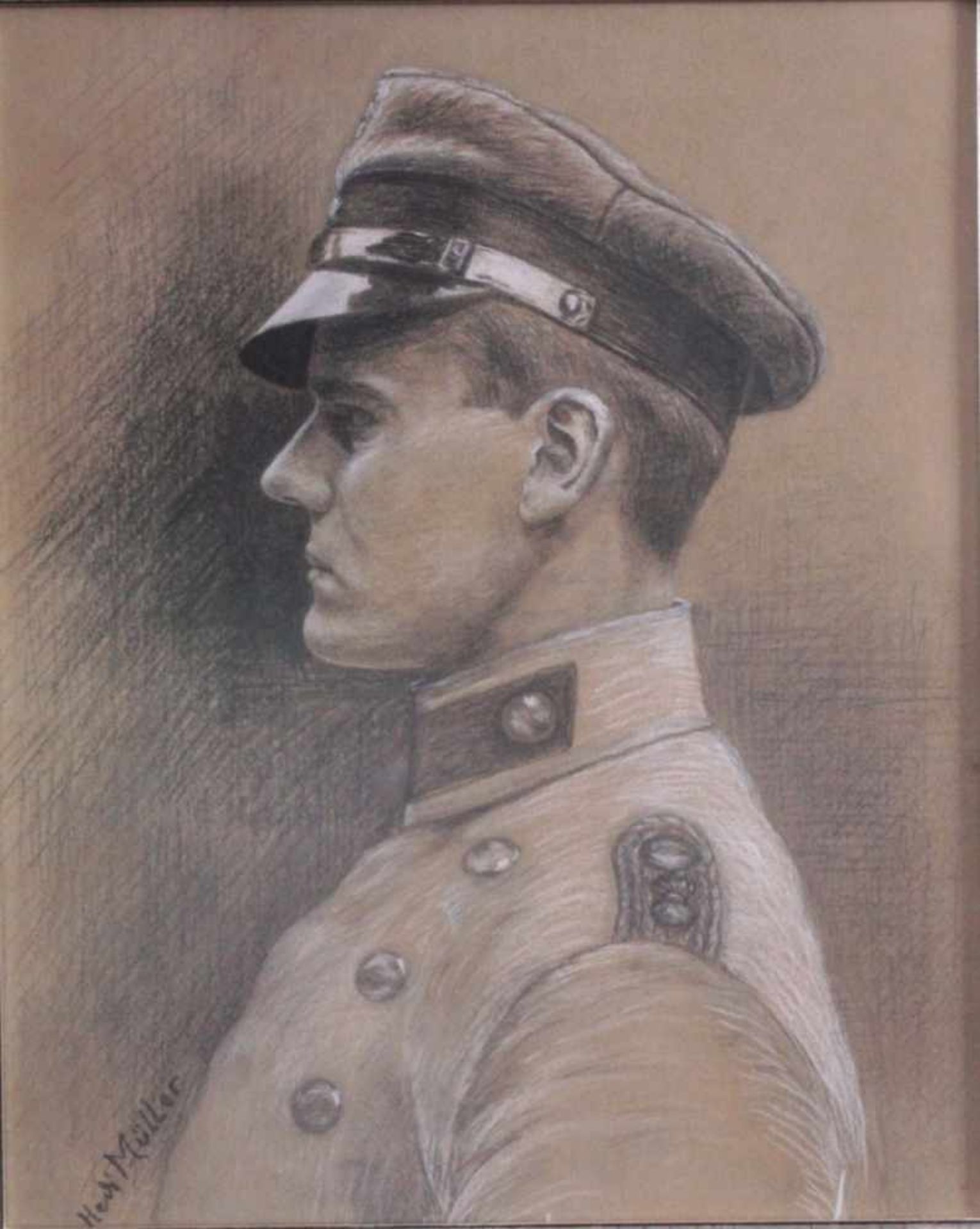 Portrait eines SoldatenBleistift/Kreide auf Papier, links unten signiert, HediMüller,ca. 47 x 38 cm. - Bild 2 aus 4