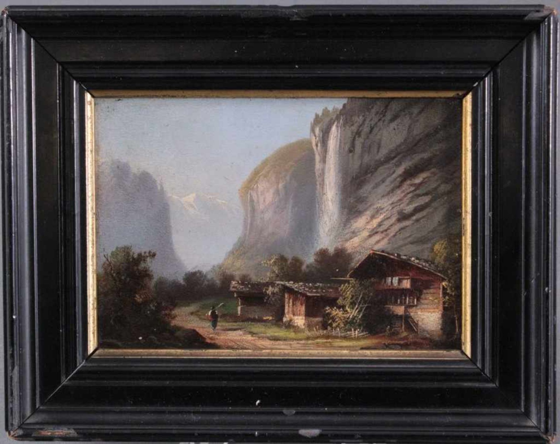 Kleines Gemälde um 1900, Berglandschaft mit Haus und BäuerinÖl auf Pappe gemalt, unsigniert,