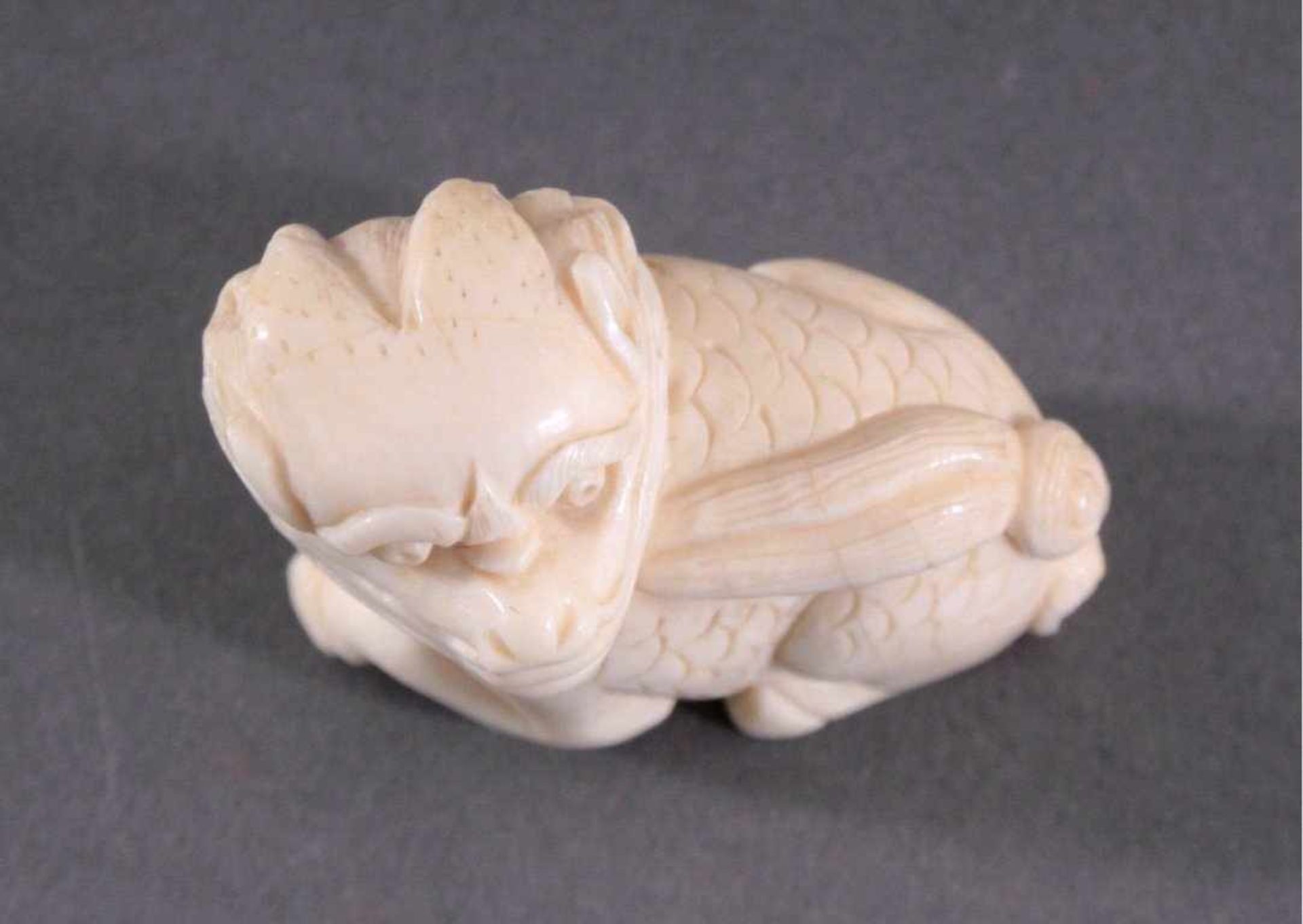 Netsuke, Japan 1. Hälfte 20. Jh., Elfenbein geschnitztLiegender Drache, signiert, ca. 3,4 x 4,1 x - Image 4 of 5