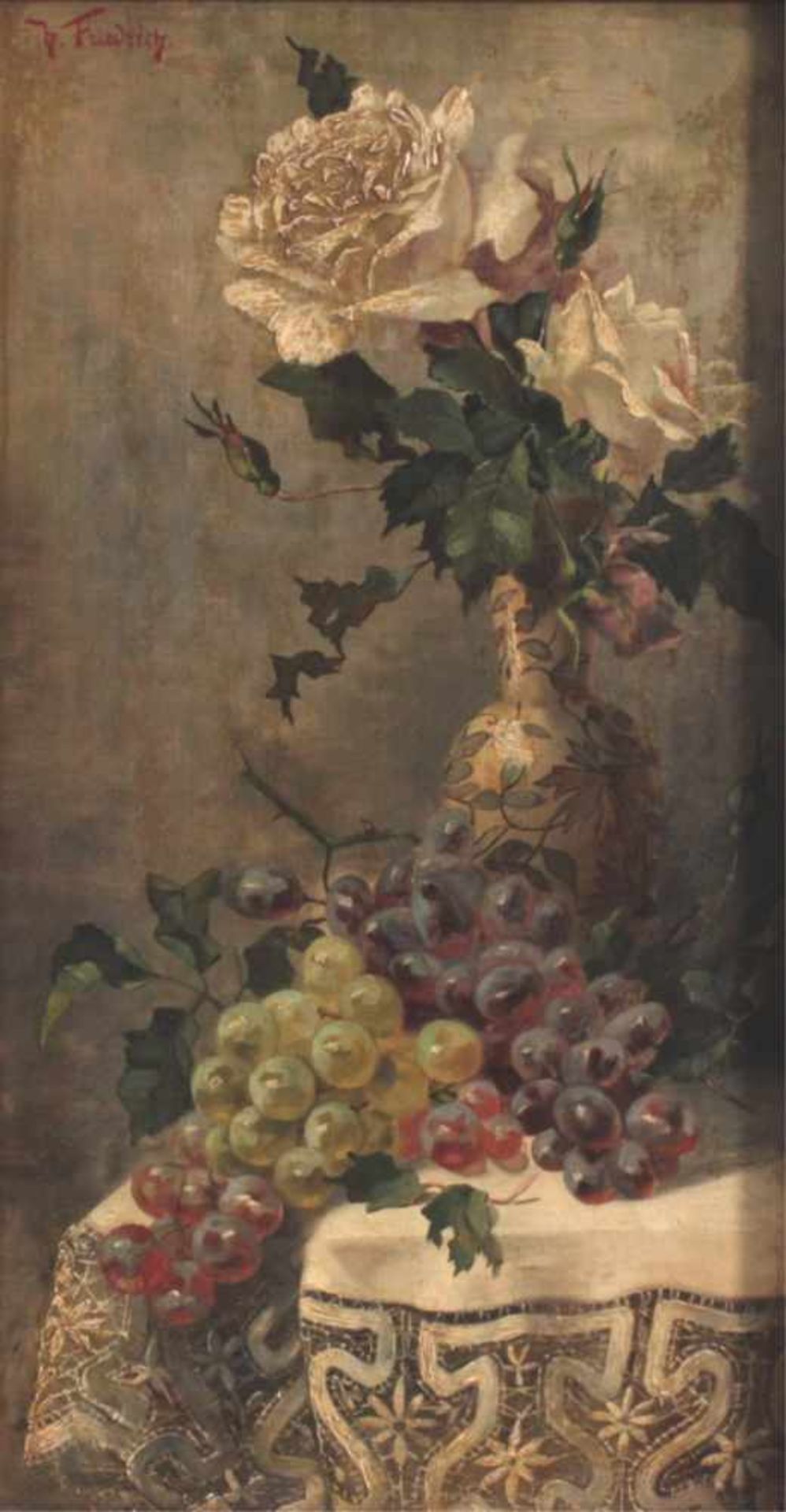 Hermann Friedrich 1858-1933Stillleben mit Fayence, weißer Rose und Trauben, Öl aufLeinwand gemalt, - Bild 2 aus 5