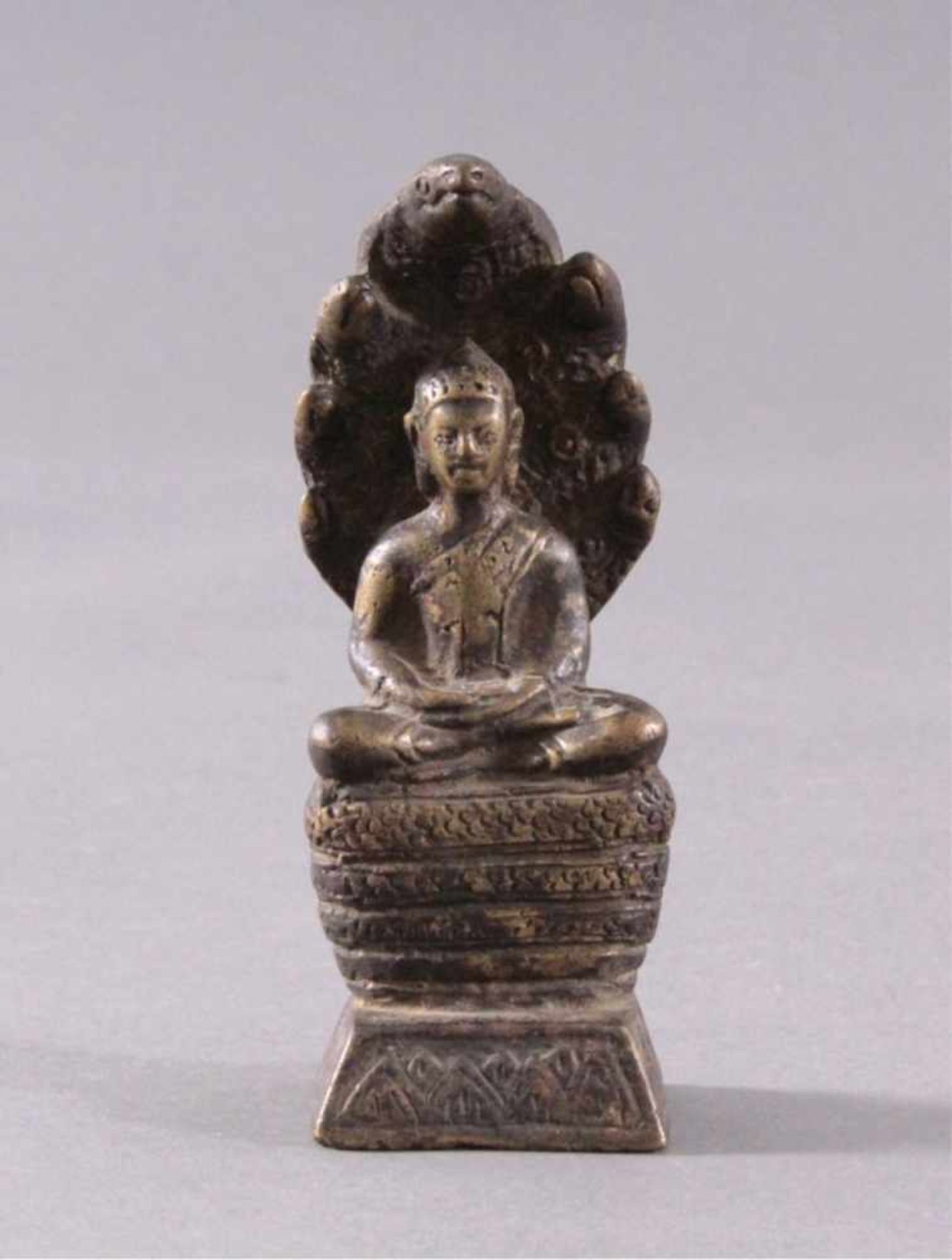 Sitzender Buddha auf SchlangethronSchakyamuni Buddha in typischer Meditationshaltung aufeiner sich