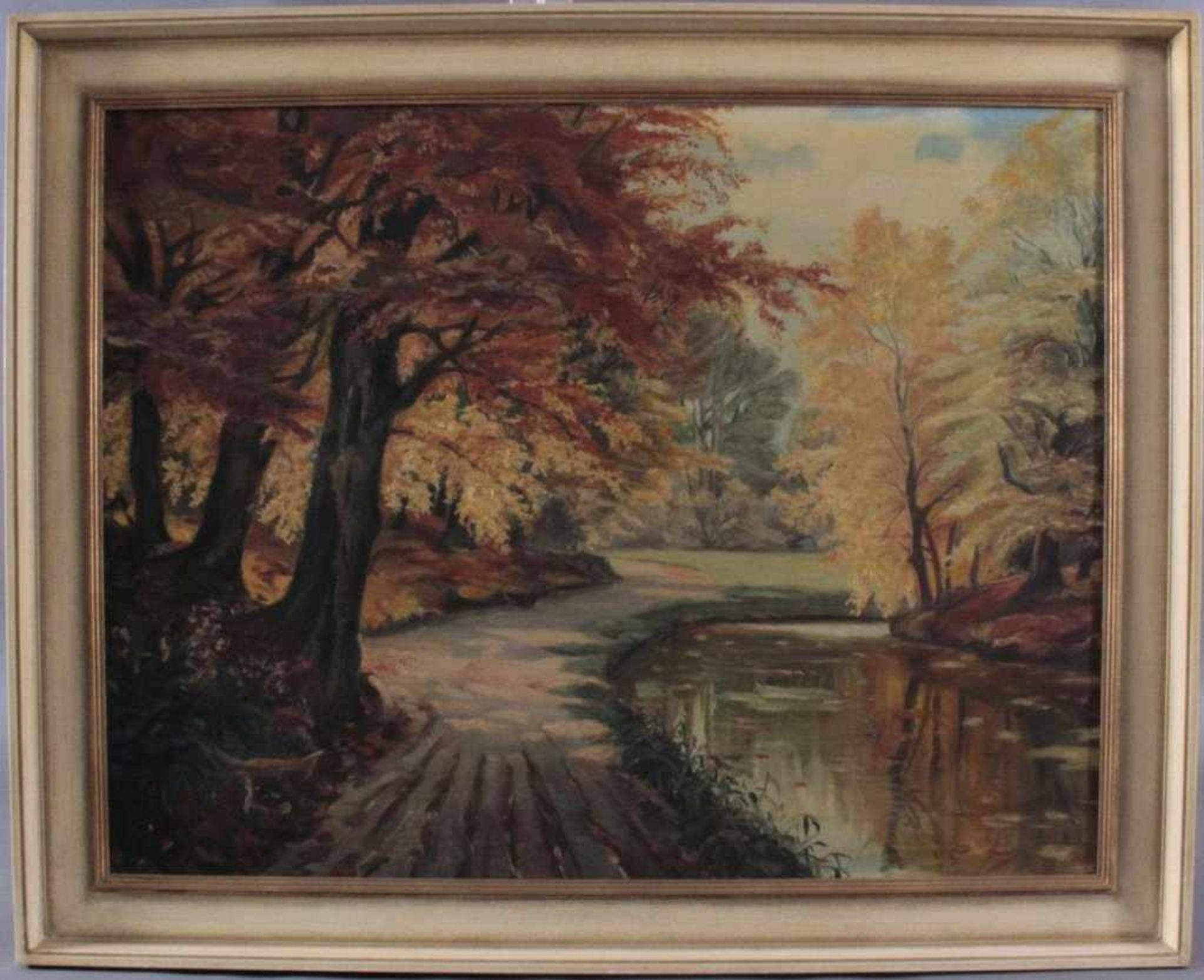 Herbstlandschaft mit Fluss, Anfang 20. Jh.Öl auf Leinwand. Unbekannter Künstler, unsigniert, ca.