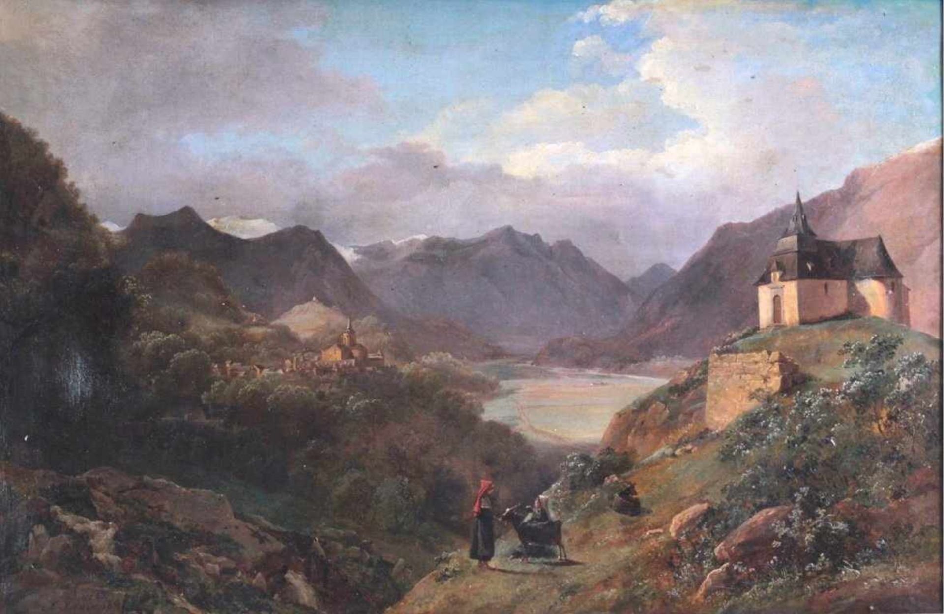 Französisch. "Saint-Savin" 1830Öl auf Leinwand. Gebirgslandschaft mit Figurenstaffage,unten links - Bild 2 aus 4