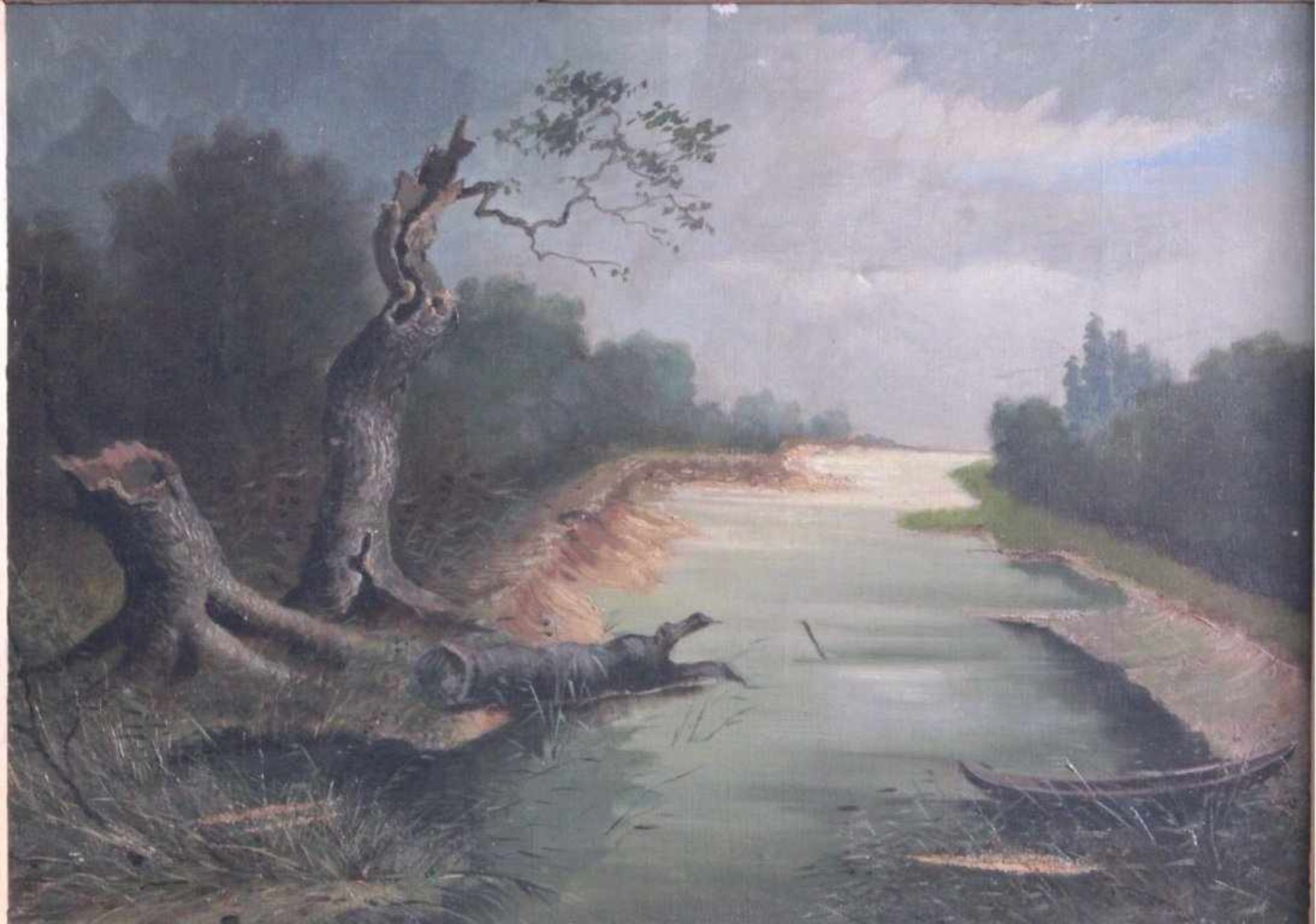 Flußlandschaft mit Boot um 1900, unbekannter KünstlerÖl auf Leinwand gemalt, unsigniert, Leinwand an - Bild 2 aus 6
