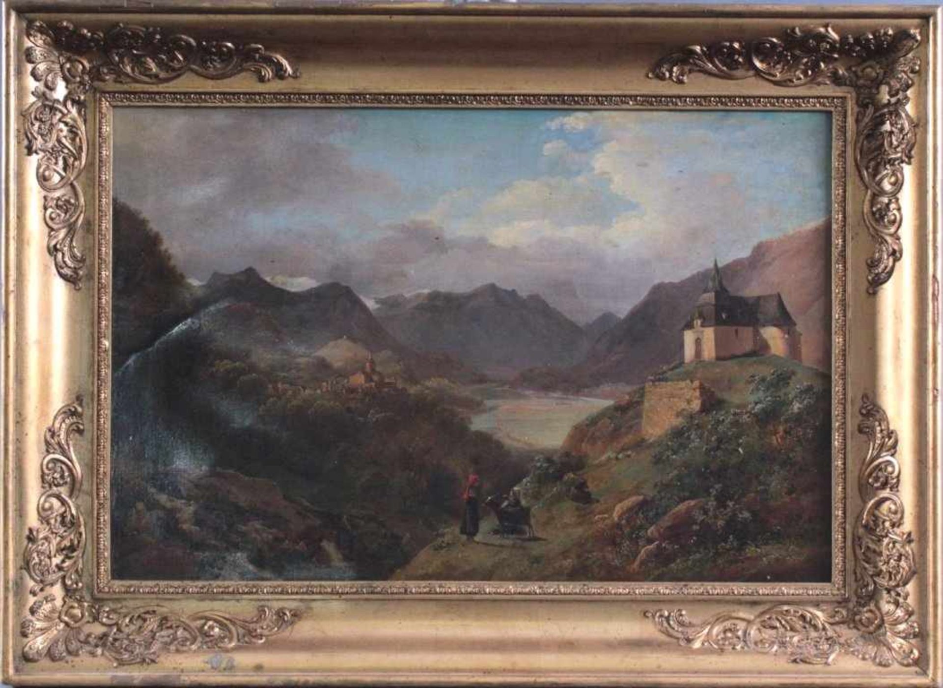 Französisch. "Saint-Savin" 1830Öl auf Leinwand. Gebirgslandschaft mit Figurenstaffage,unten links