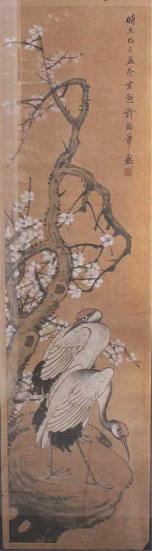 Tuschemalerei im Stil von Qi BaishiTusche und Farben auf Papier. Darstellung von Kranischen