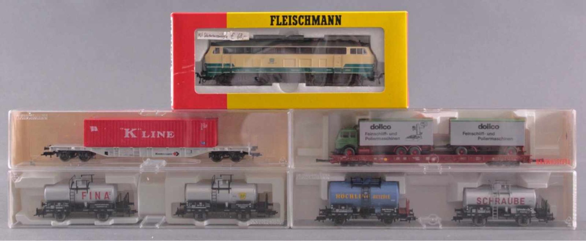 Fleischmann Diesel-Lok 4223 Spur H0 und 6 GüterwaggonsUnbespielt und in der Originalverpackung,