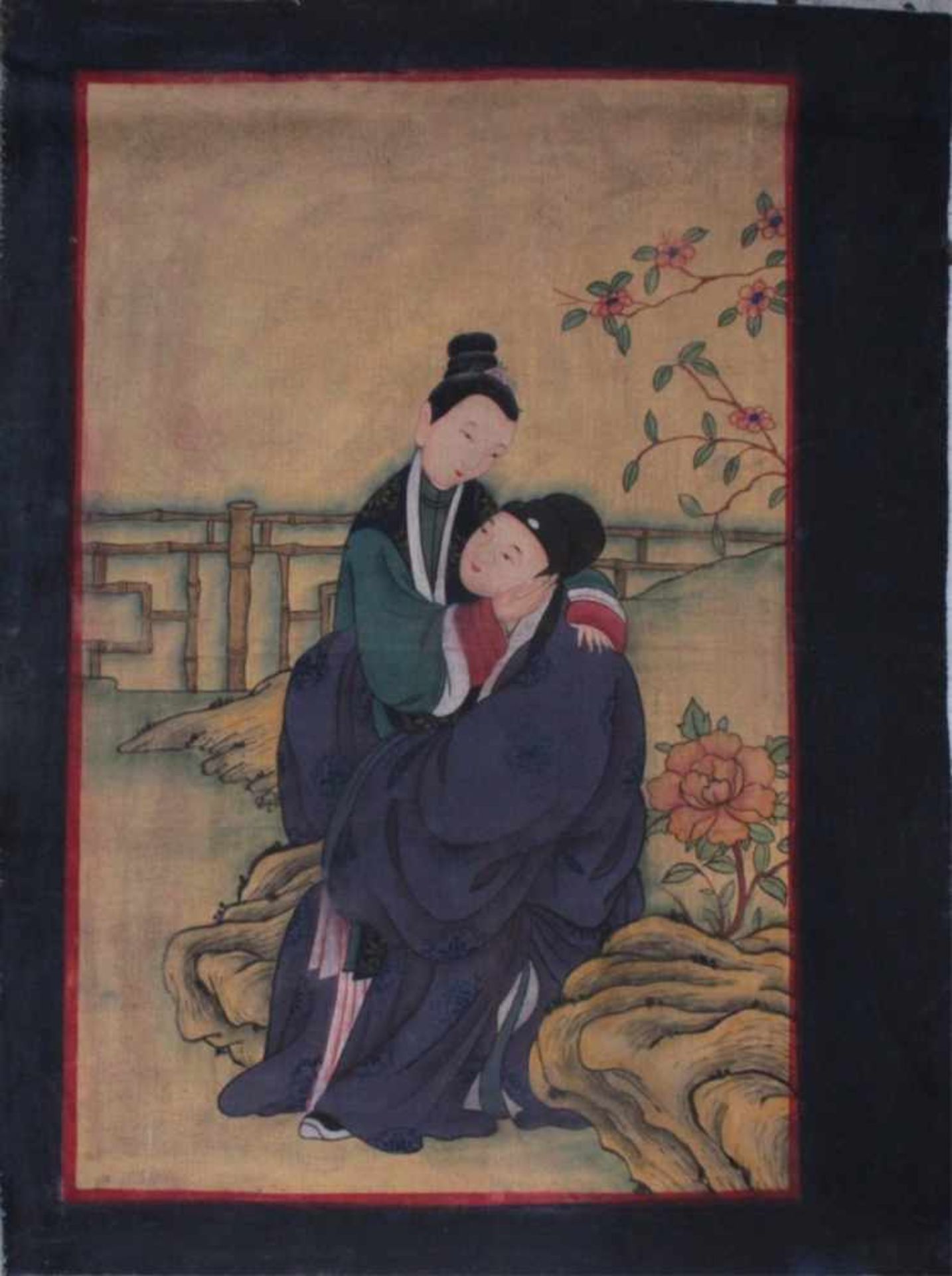 Japanische Malerei, Liebespaar um 1900Tusche auf Stoff, ca. 66 x 51 cm.