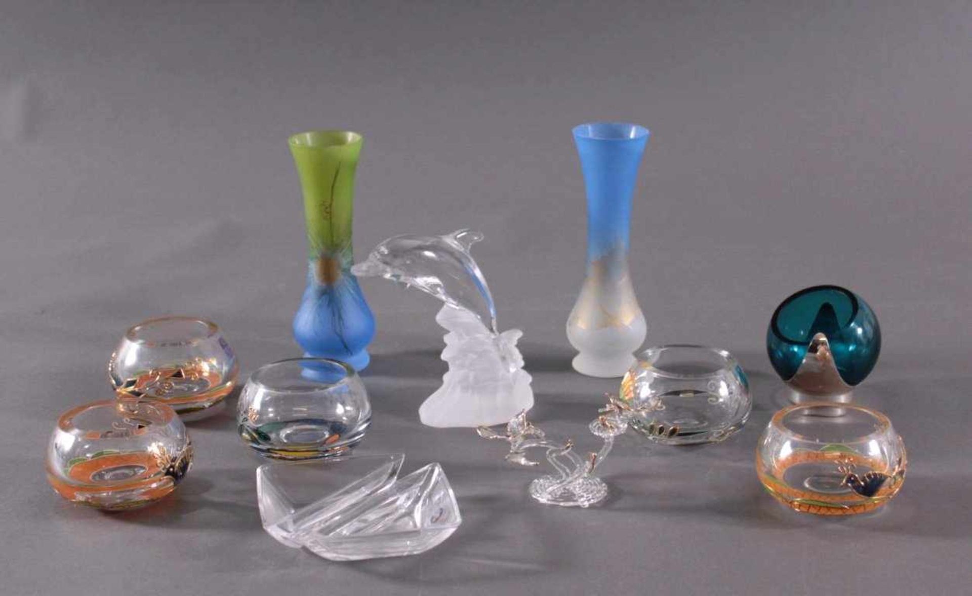 Lot Glas Objekte, 11 Teile5x Teelichter, Glasmanufaktur Nagel, Emailmalerei,Handarbeit, ca. 5 cm.