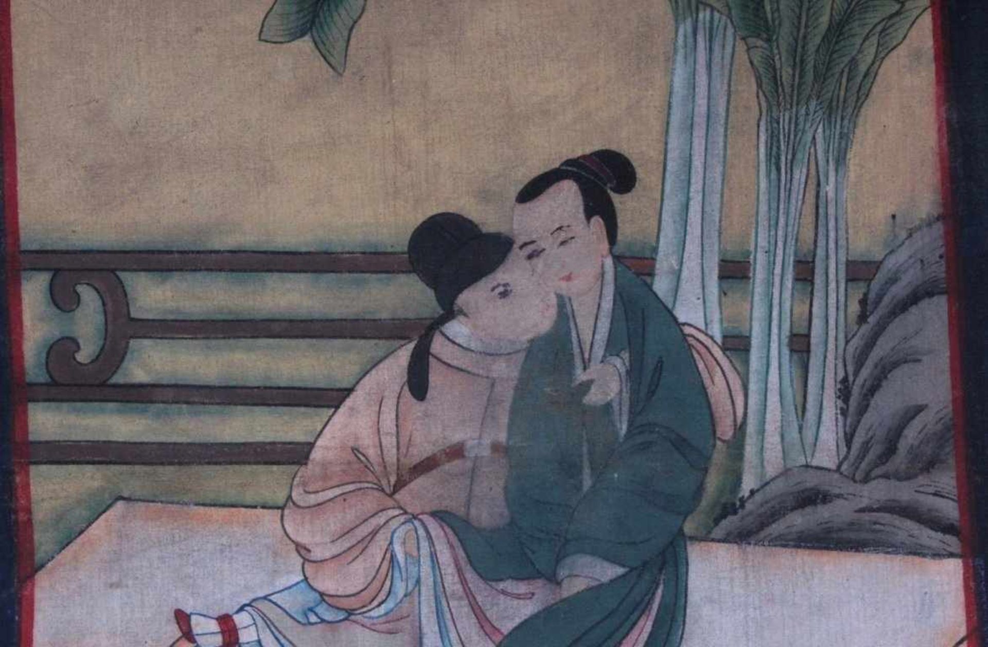 Japanische Malerei, Liebespaar um 1900Tusche auf Stoff, ca. 66 x 50 cm - Bild 2 aus 3
