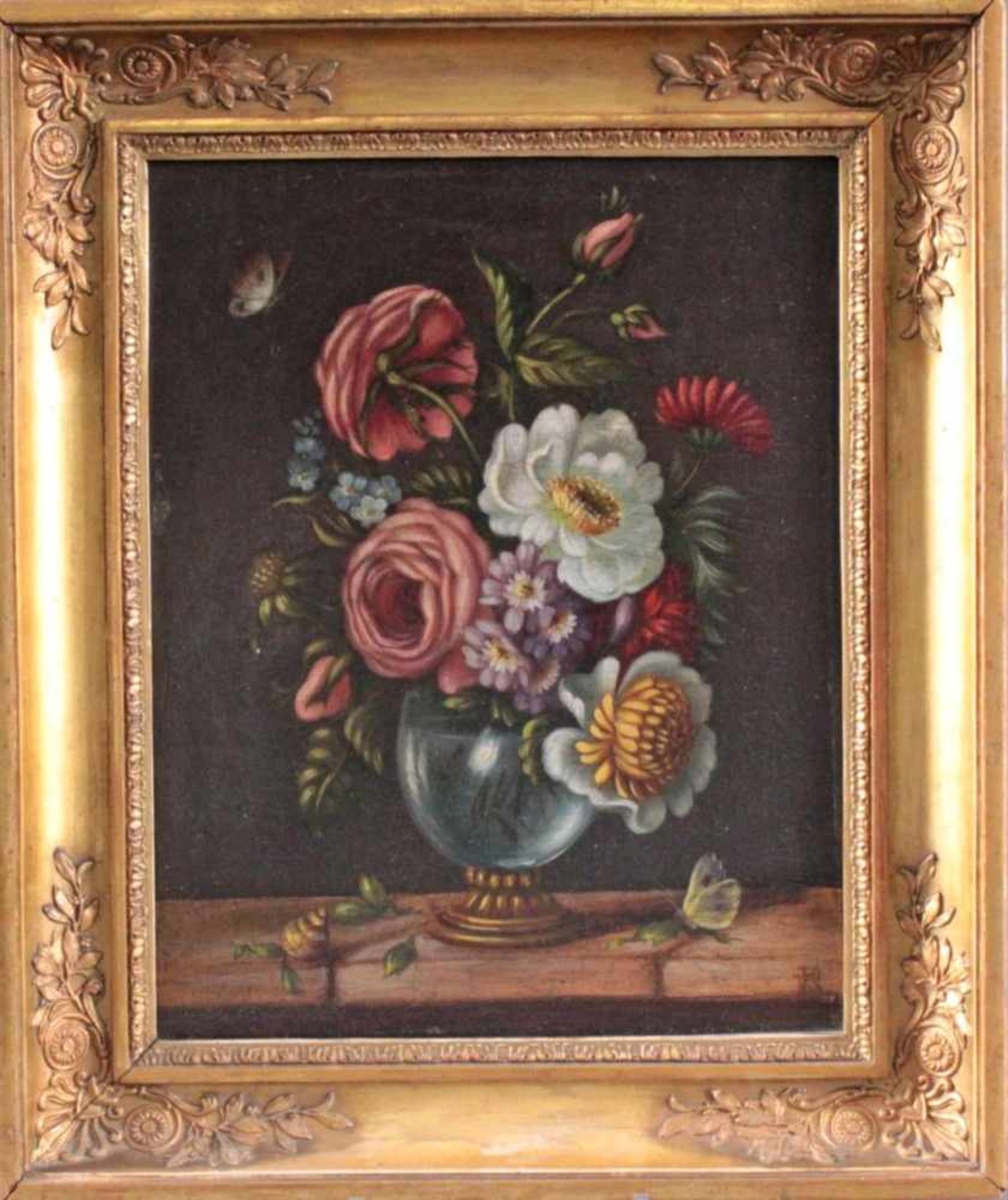 Blumenstillleben mit Insekten um 1900, Monogrammist TR.Öl auf Holz gemalt, unten rechts mit