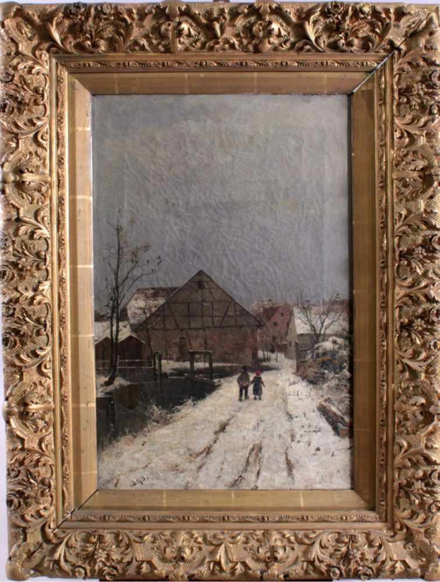 Vitus Staudacher (1850-1925)Winterliche Dorfansicht mit Personen, Öl auf Leinwandgemalt, unten links