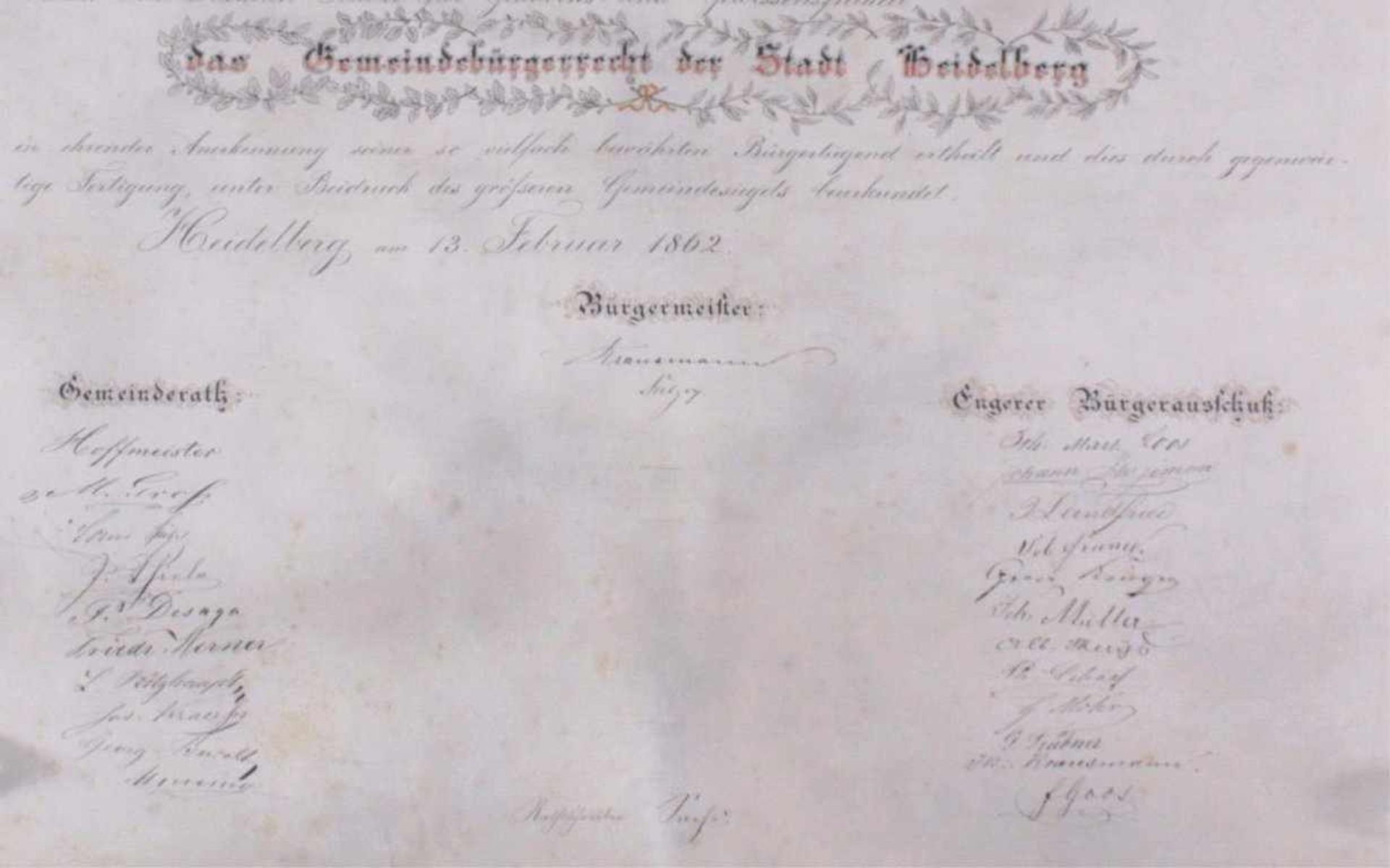 Urkunde über das Gemeindebürgerrecht der Stadt HeidelbergGroße, handgemalte und -kolorierte - Bild 3 aus 3