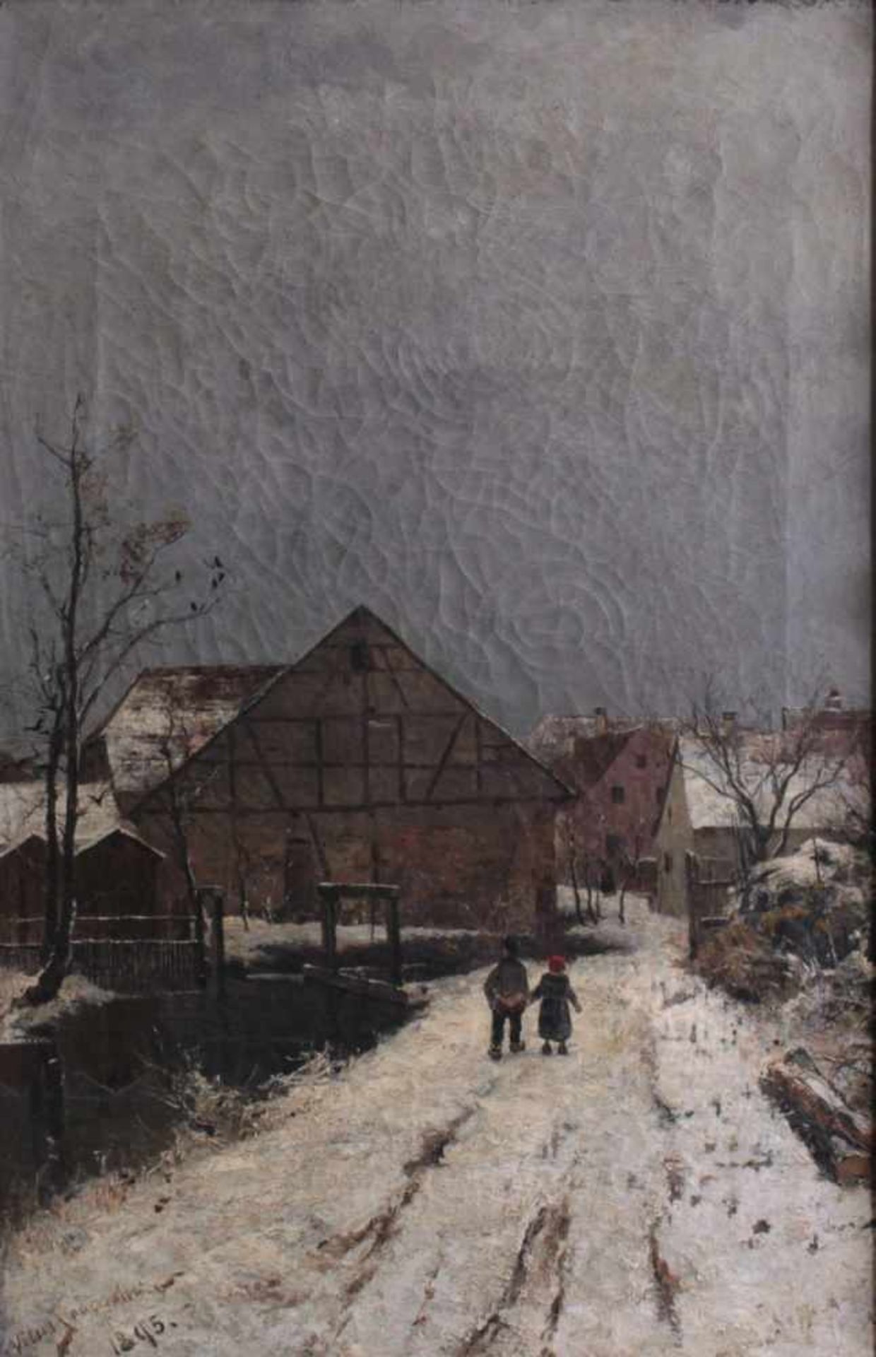 Vitus Staudacher (1850-1925)Winterliche Dorfansicht mit Personen, Öl auf Leinwandgemalt, unten links - Image 2 of 4