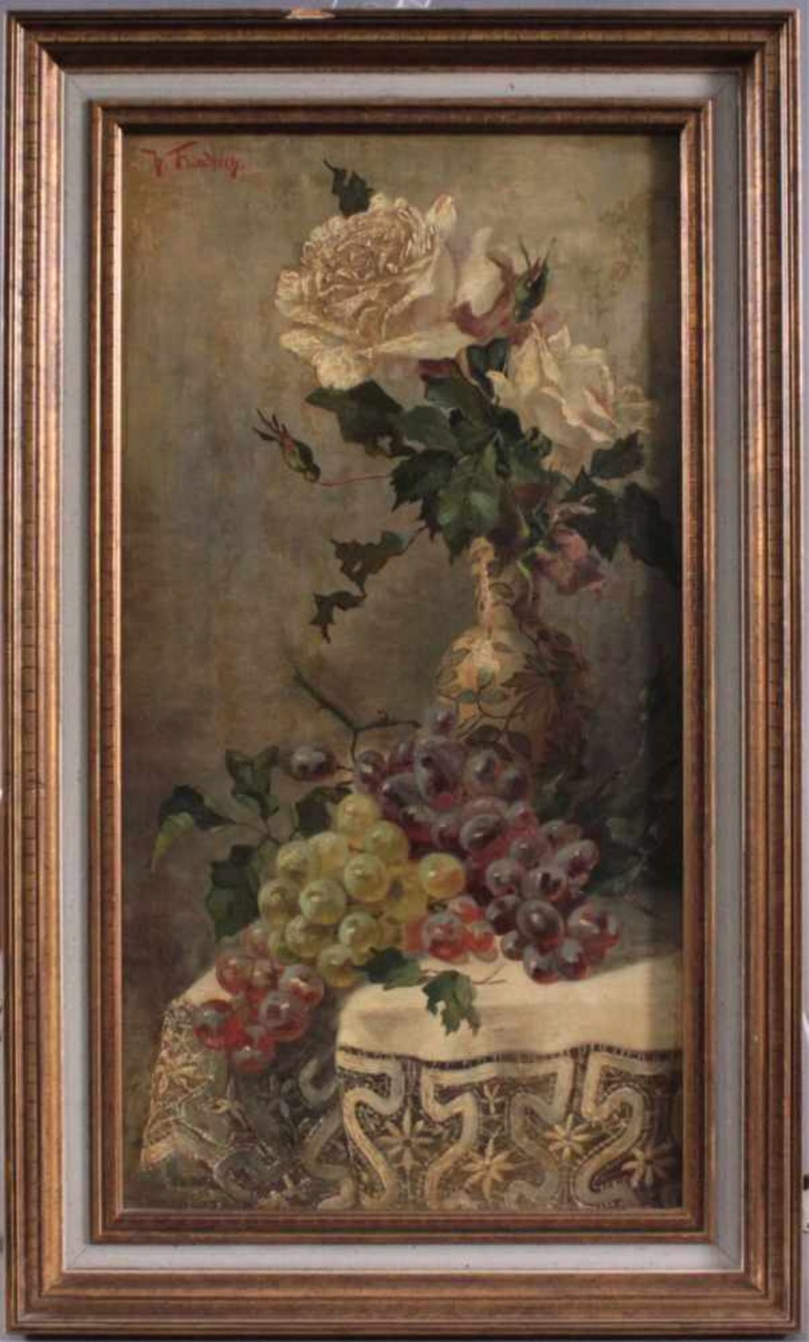 Hermann Friedrich 1858-1933Stillleben mit Fayence, weißer Rose und Trauben, Öl aufLeinwand gemalt,