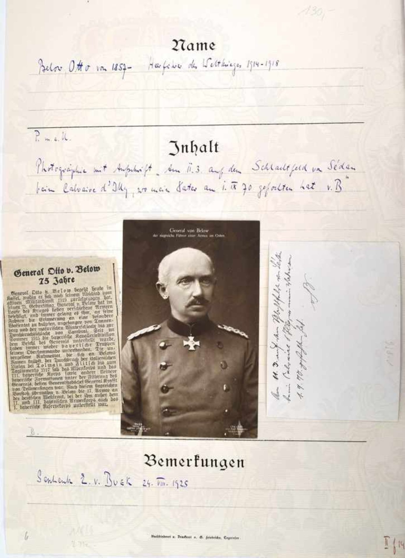 BELOW, OTTO VON, 1857-1944, Preußischer General der Infanterie u. Heerführer im 1. WK, Frontaufnahme - Bild 2 aus 2