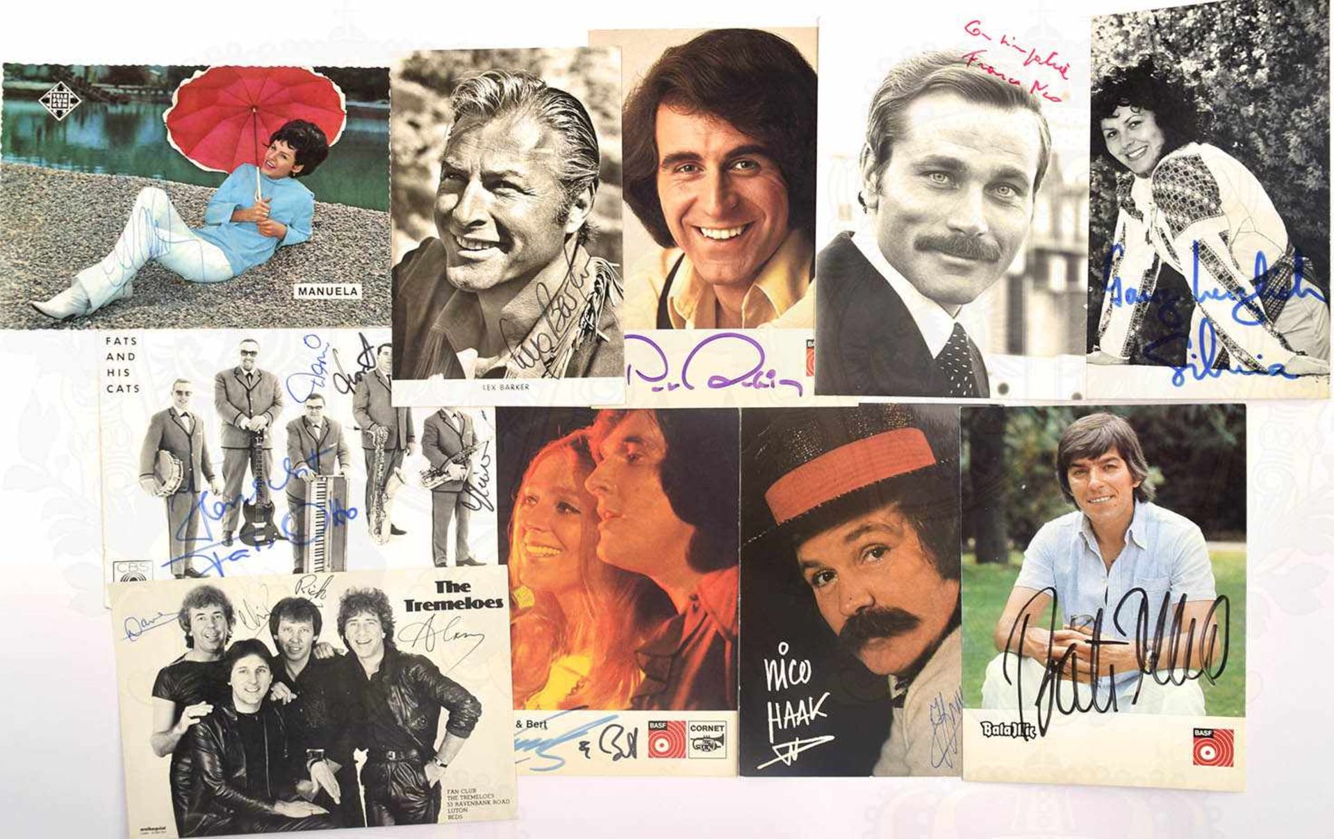 10 ORIGINALUNTERSCHRIFTEN AUF AUTOGRAMMKARTEN: Lex Barker, Franco Nero, Paul Rubin, Bata Ilic,