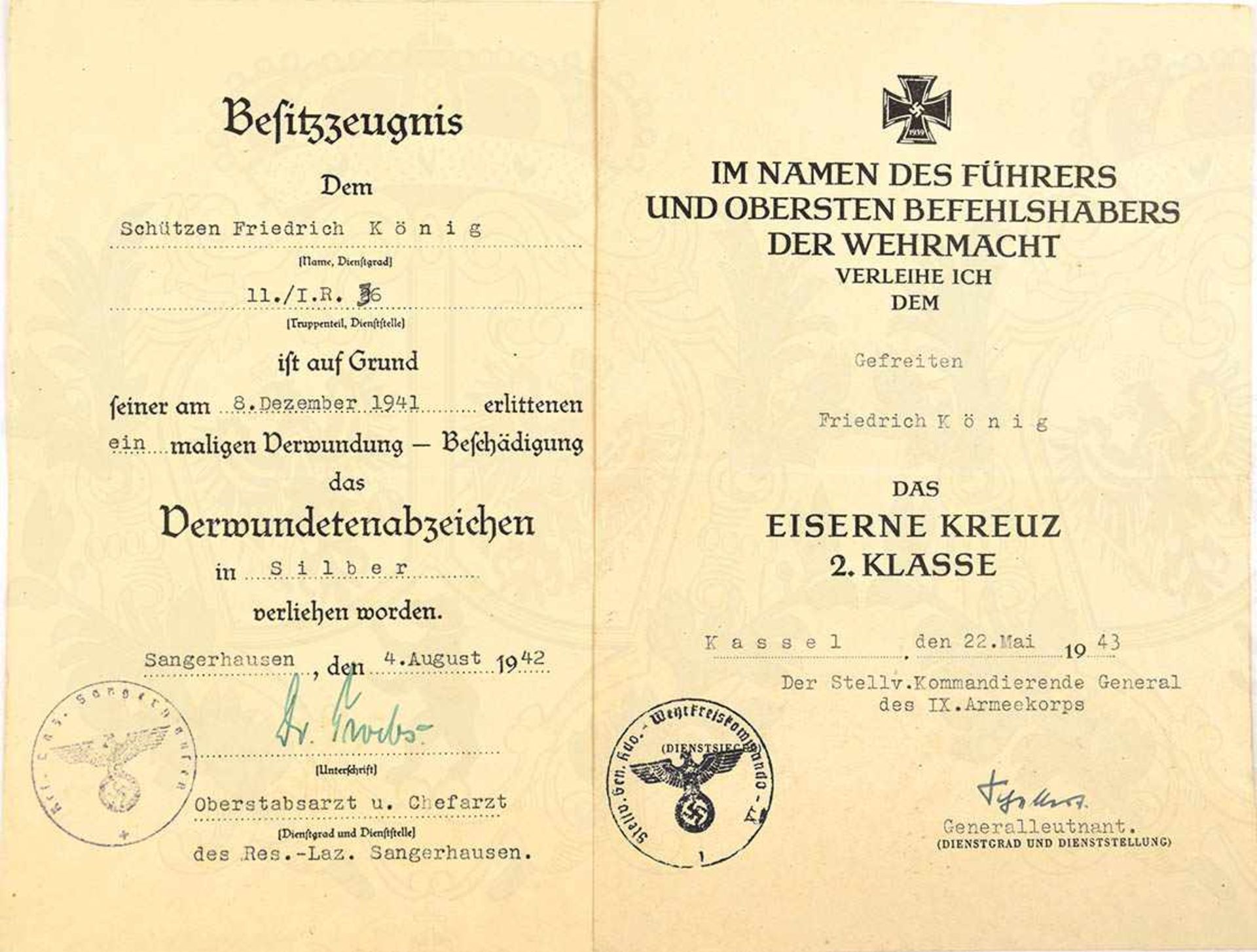 URKUNDENGRUPPE EINES GEFREITEN, d. 11./IR 36 d. 9. ID, VU z. EK II 1939, Kassel, 22.5. 1943,