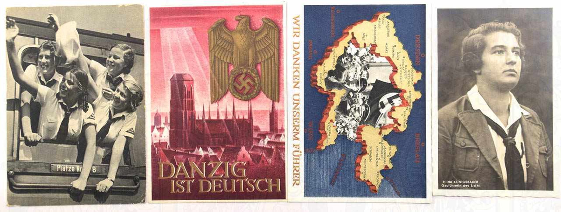 5 ANSICHTSKARTEN, dabei: 2 farbige Festpostkarten „Danzig ist Deutsch“ u. „Wir danken unserem