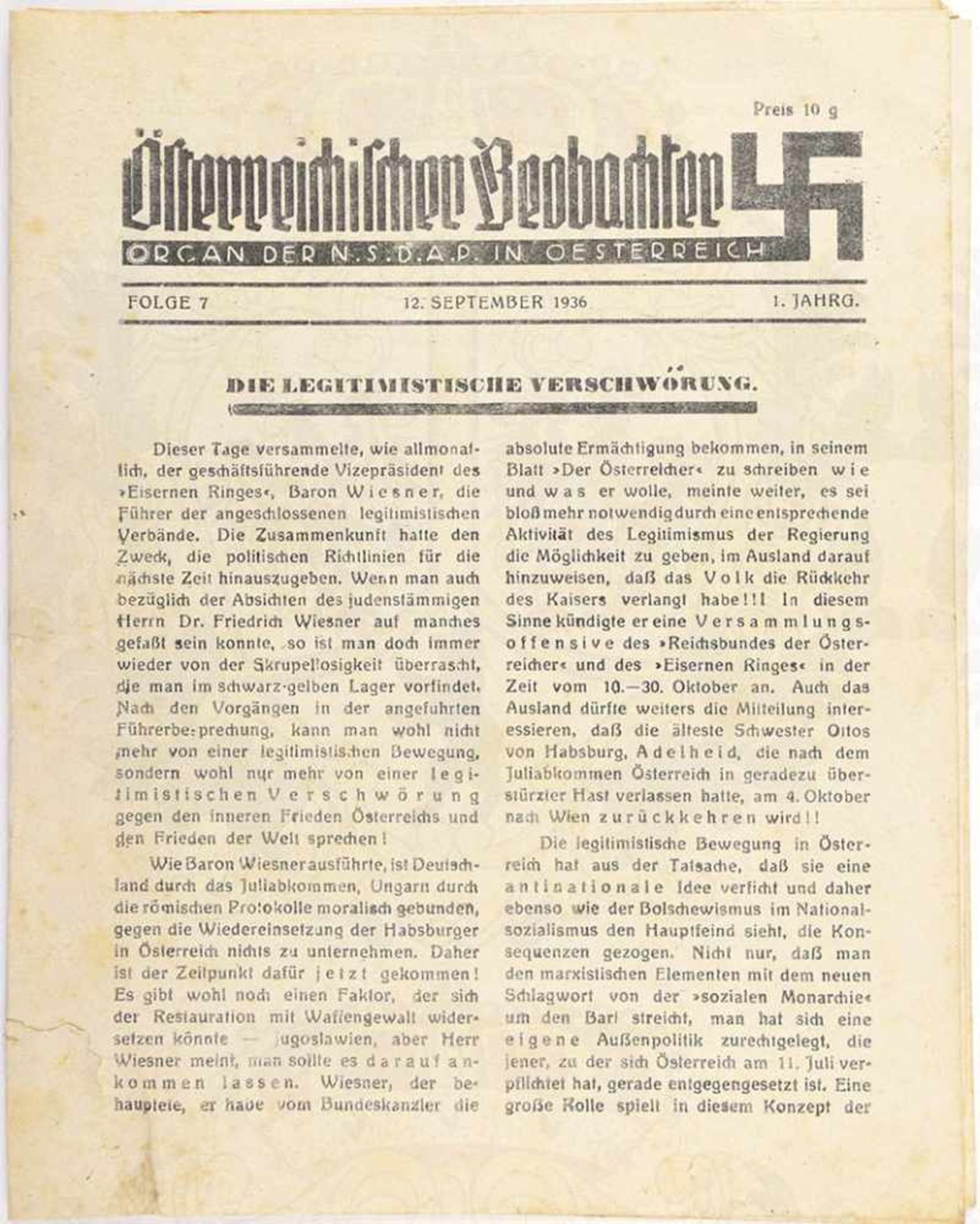ÖSTERREICHISCHER BEOBACHTER, „Organ der NSDAP in Österreich“, 1. Jg., Folge 7, 12.9.1936, 8 S., rep.