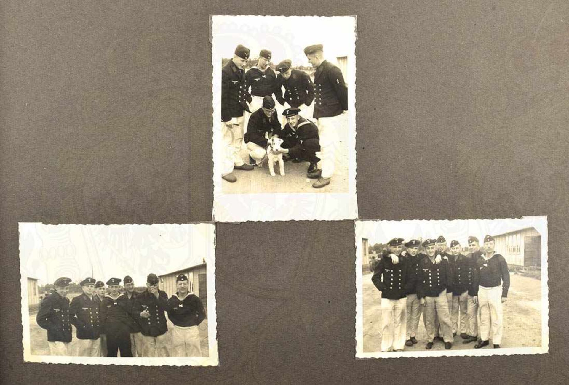 FOTOALBUM EINES OBERFÄHNRICHS Z.S., mit ca. 160 Fotos sowie 13 AK u. Serienbilder, ca. 1939-1941,
