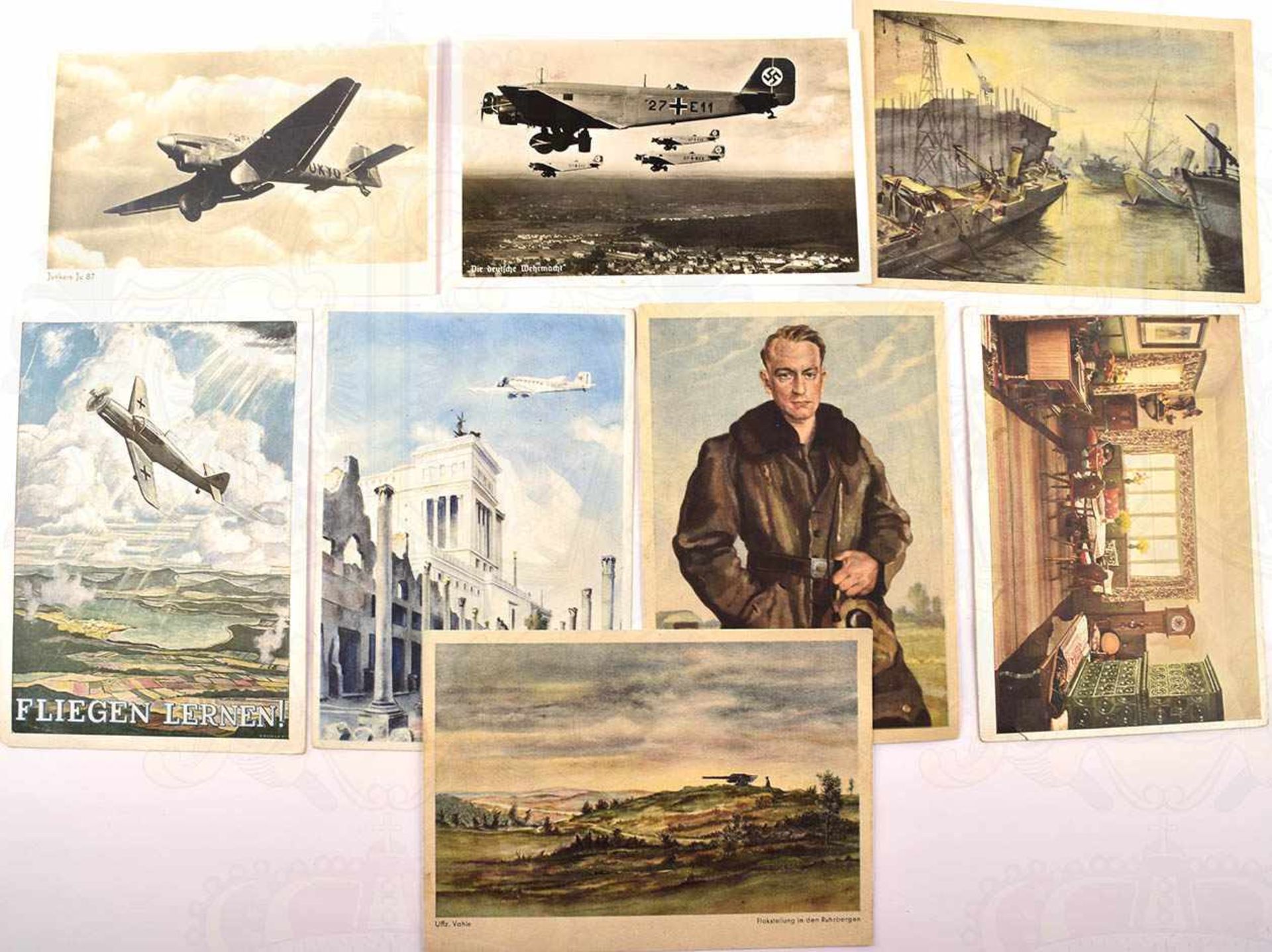 20 ANSICHTSKARTEN, 11x farbig, u.a. 5 AK zur Ausstellung „Kunst der Front“, Ju-87 Stuka,