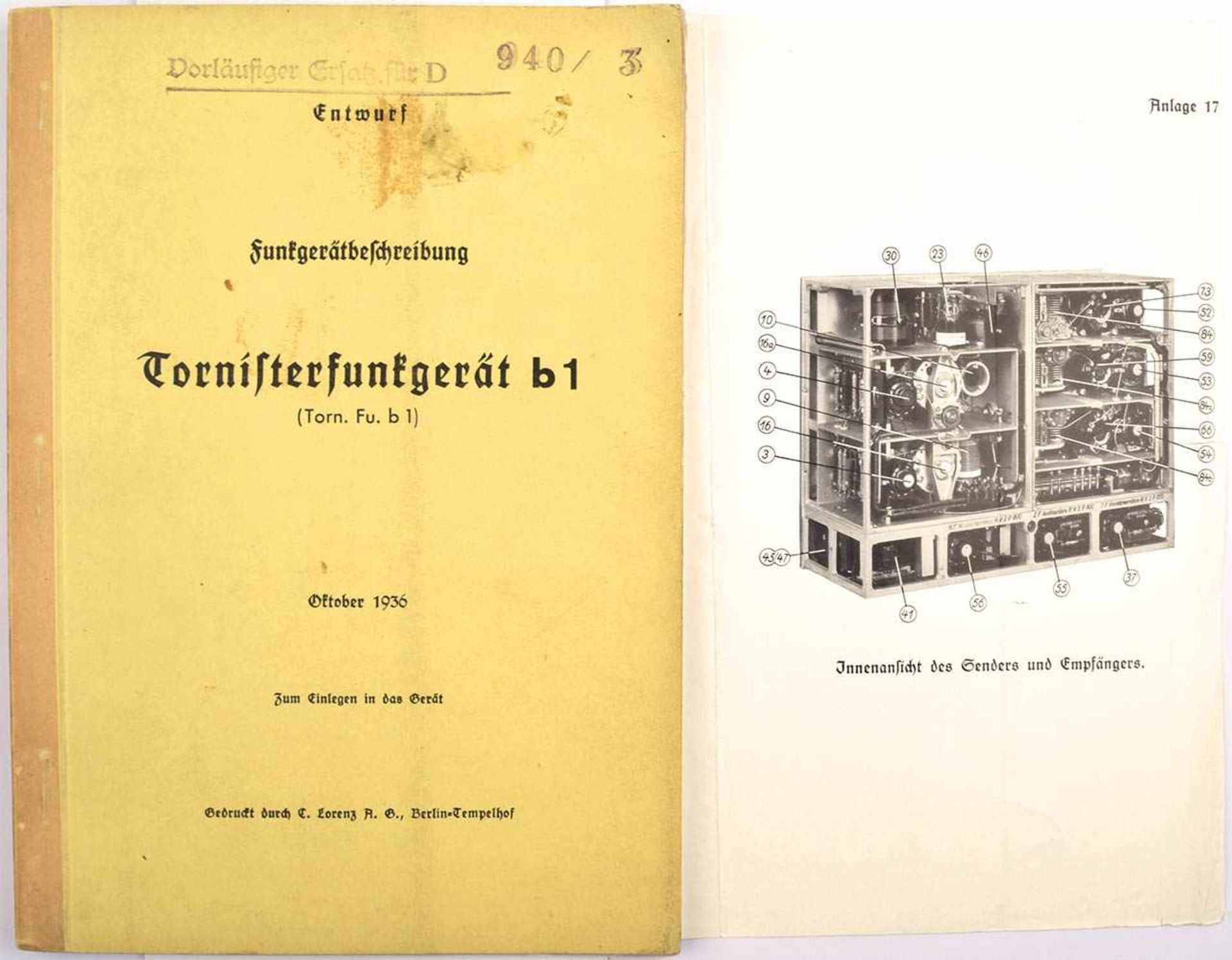 TORNISTERFUNKGERÄT B1, Entwurf Funkgerätbeschreibung, Bln. 1936, Fotos, Pläne, Anlagen, 36