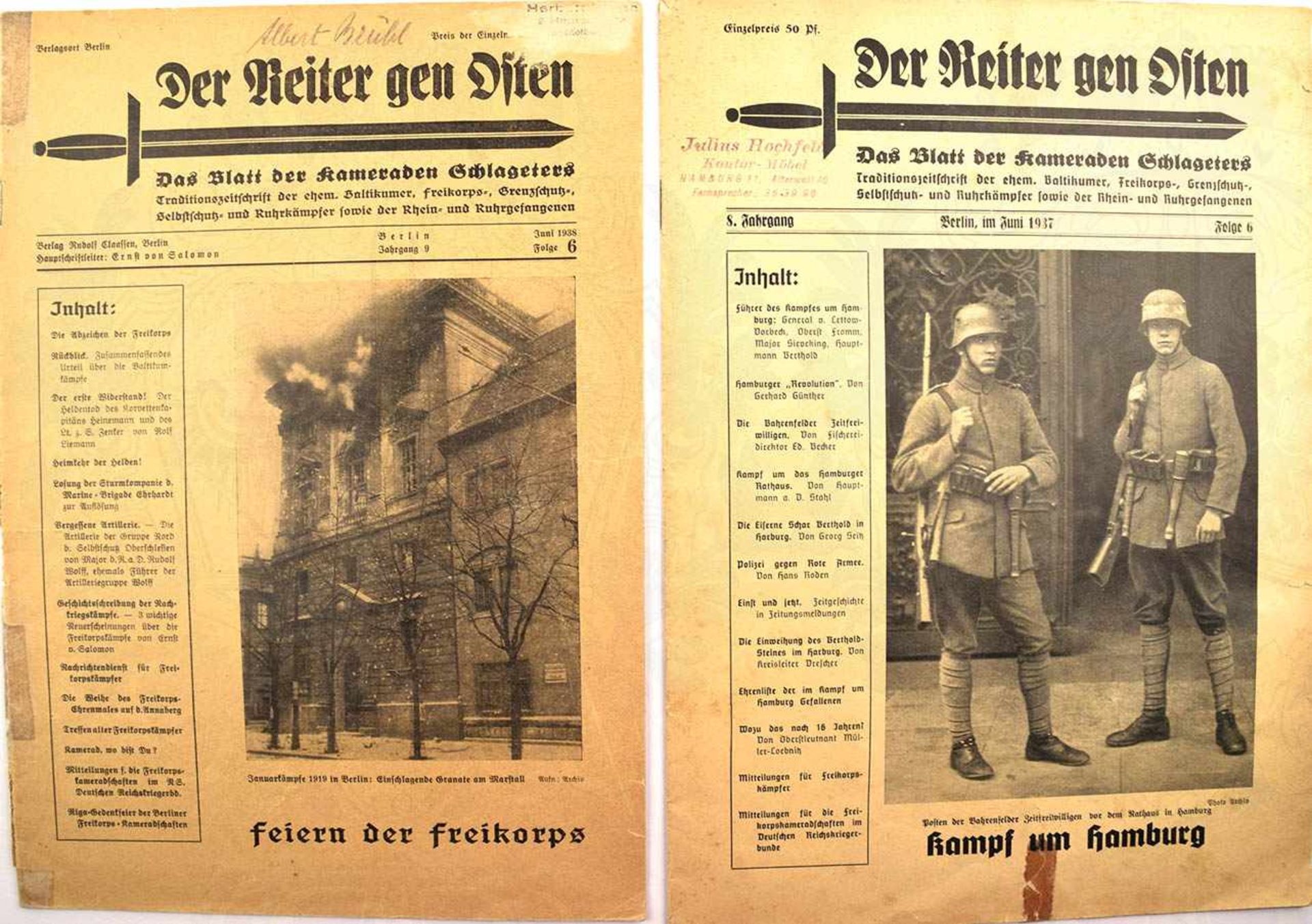 DER REITER GEN OSTEN, „Das Blatt des Kameraden Schlageters“, 2 Ausgaben, „Kampf um Hamburg“ u. „