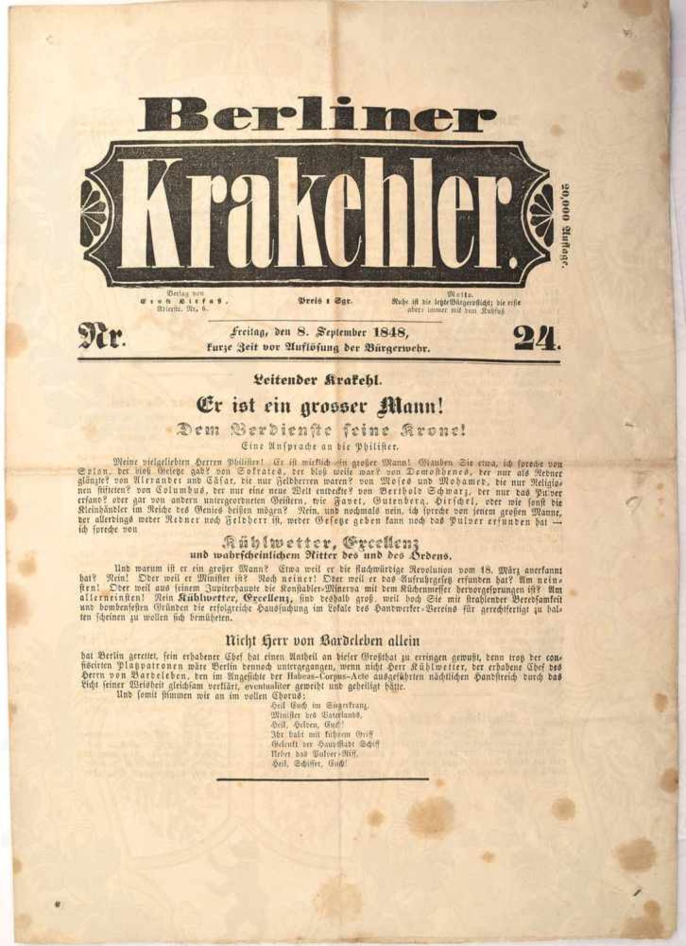 2 AUSGABEN „BERLINER KRAKEHLER“, Jg. 1848, Nr. 22 u. 24, Verlag Ernst Litfaß, jew. 4 S., kpl.,