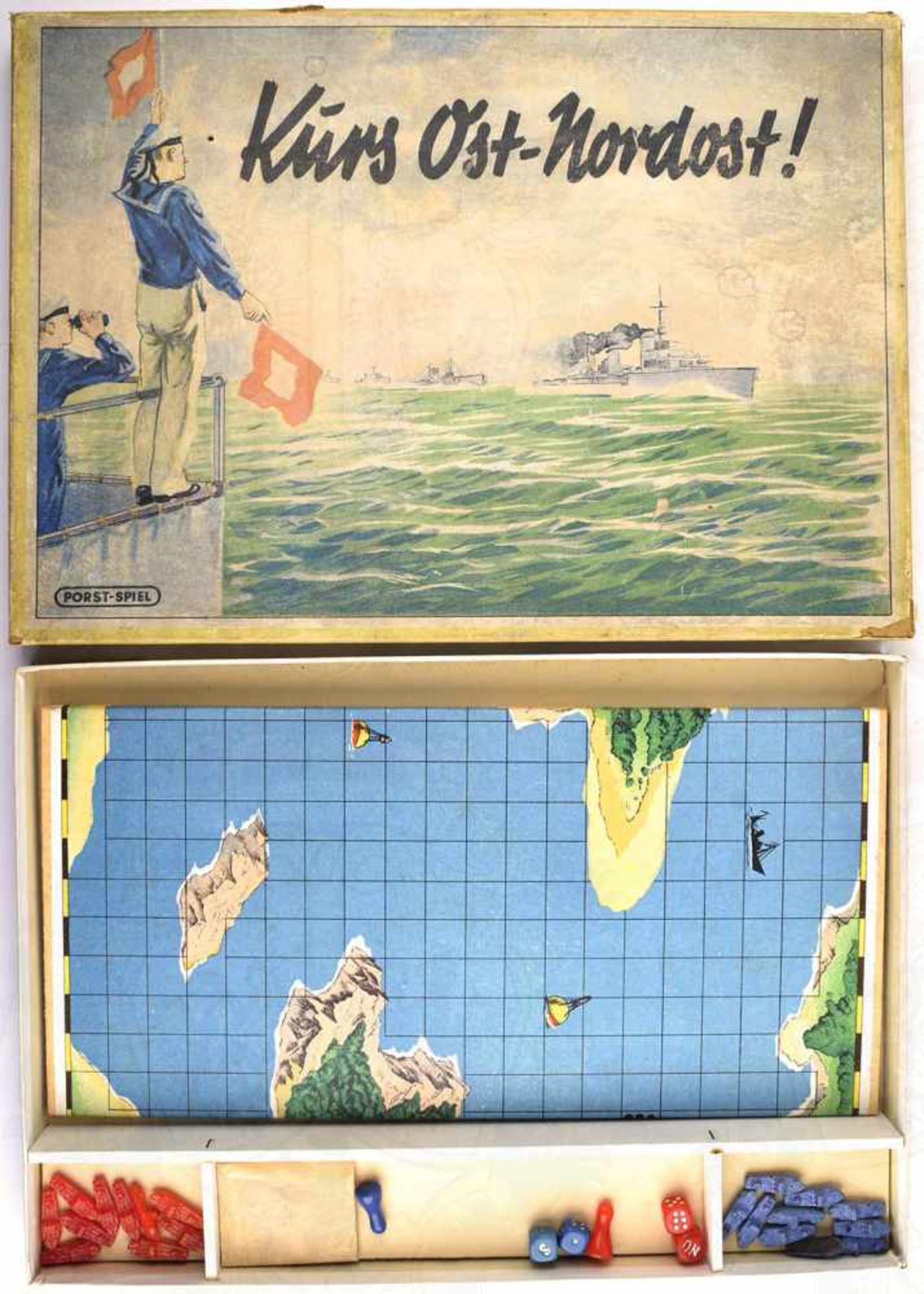 BRETTSPIEL - KURS OST-NORDOST, Porst-Spiel, um 1939, klappbares Spielbrett, farb. bedruckt, mit