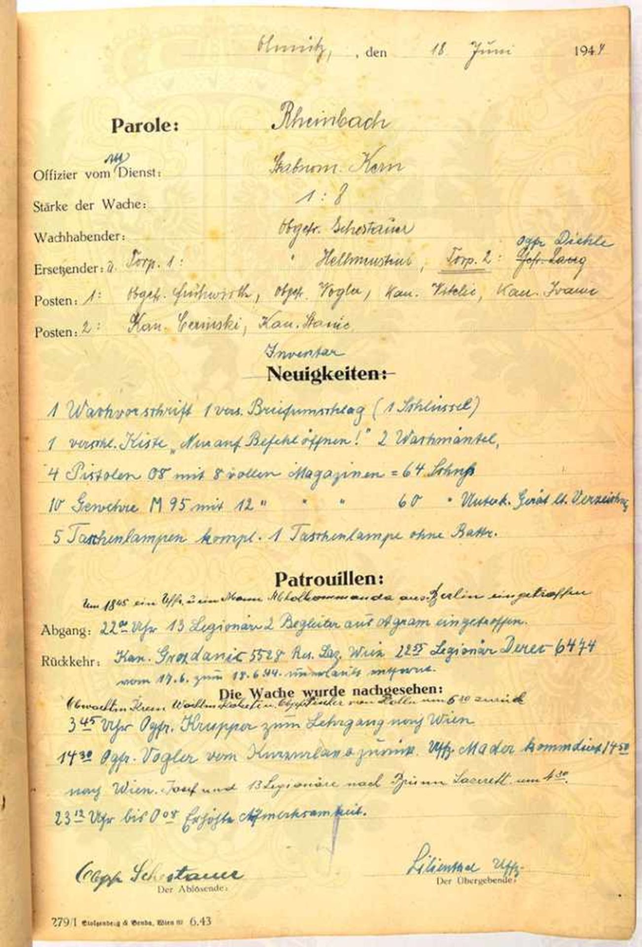 DIENSTBUCH DER WACHMANNSCHAFT einer Kaserne in Olmütz, ca. 150 Seiten, tägliche Einträge 14.5.1944-