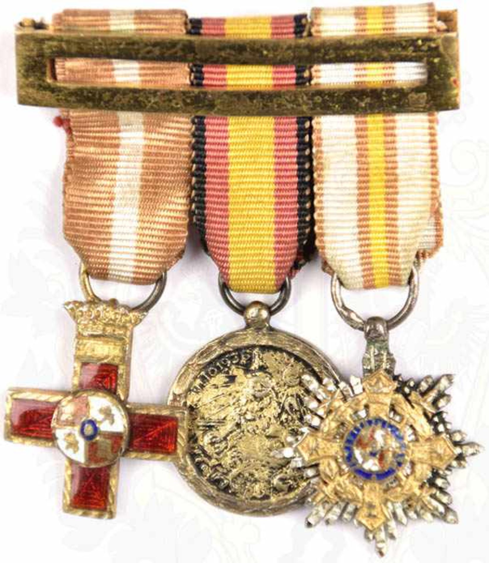 MINIATUR-ORDENSPANGE, Militärverdienstorden/Medaille de la Campagna/Siegeskreuz Cruz de Guerra,