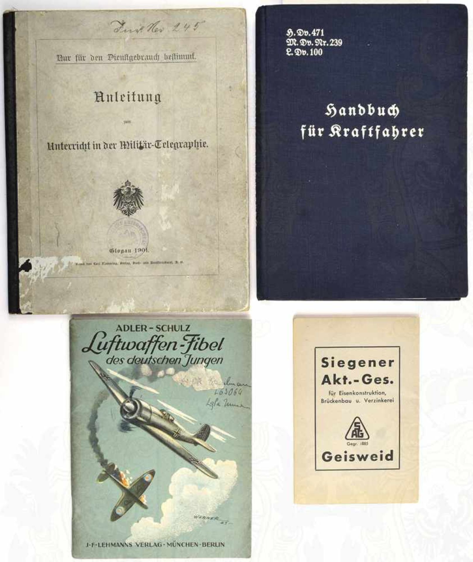 4 VORSCHRIFTEN, Luftwaffen-Fibel des deutschen Jungen, Zeichnungen, Farbtafeln mit fehlenden