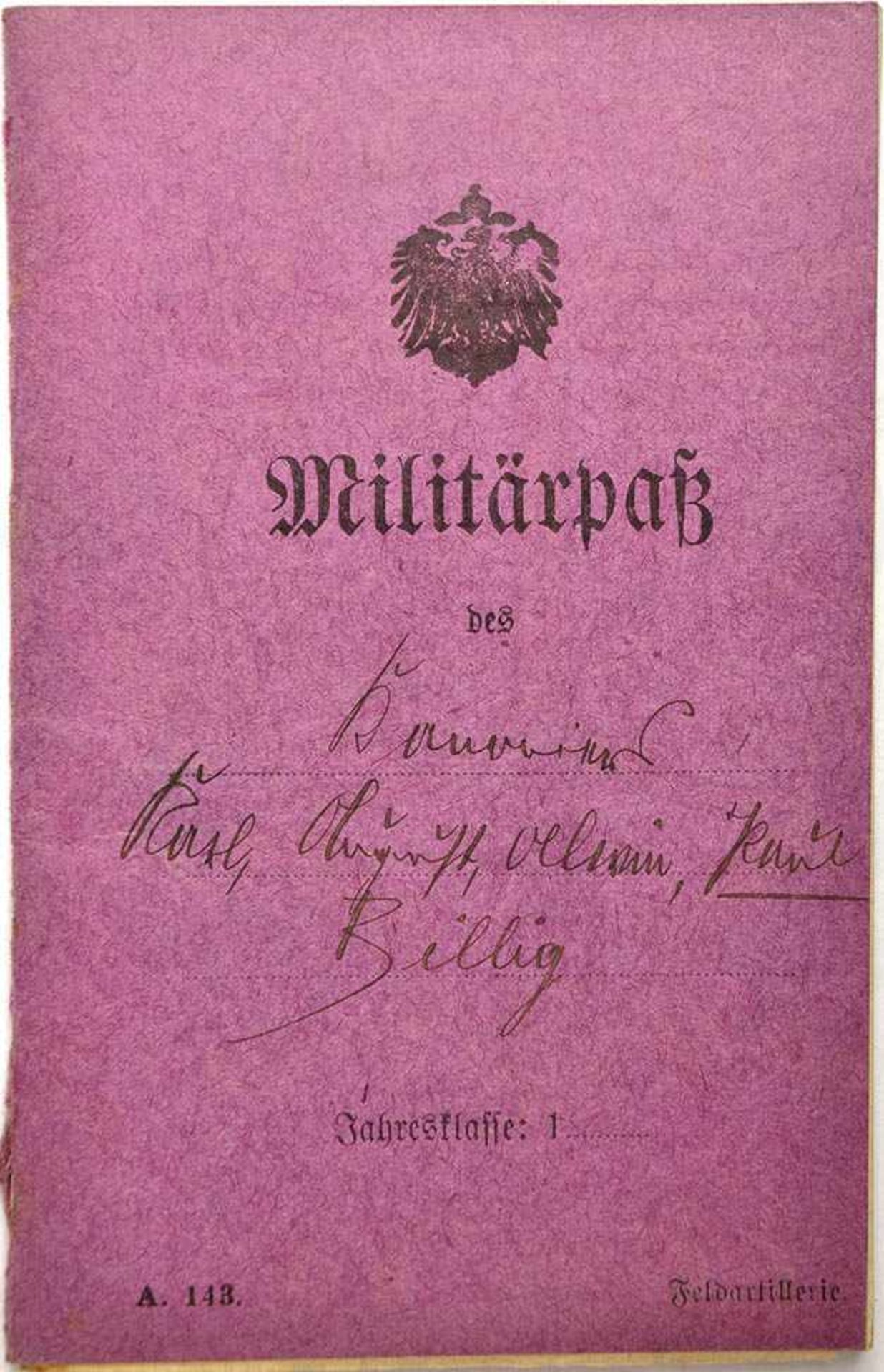 MILITÄRPAß e. Kanoniers, eingetreten August 1918, November 1918 entlassen, nur Personalia