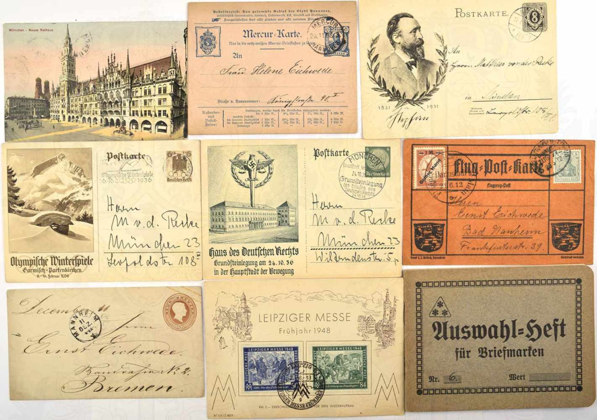 KONVOLUT POSTBELEGE, 16 Teile: 3 Ganzsachen; 2 Auswahl-Hefte, mit ges. ca. 190 Briefmarken, meist