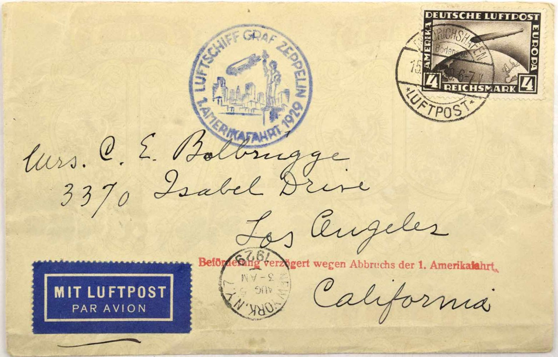 BRIEFKUVERT, gel. 15.5.1929 von München nach Los Angeles, Kalifornien, gestempelt „Luftschiff Graf
