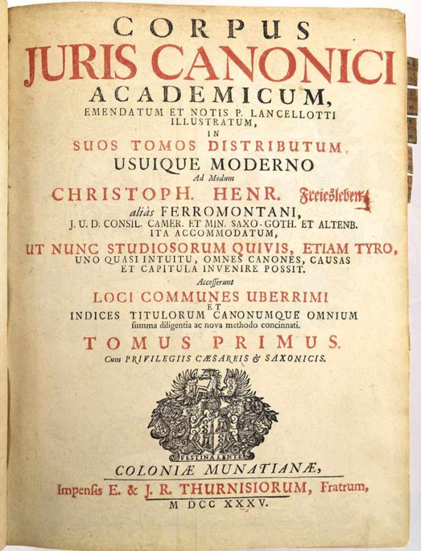 CORPUS JURIS CANONICI ACADEMICUM, 1. u. 2. Teil in 1 Band, Christoph Heinrich Freiesleben, Colonia