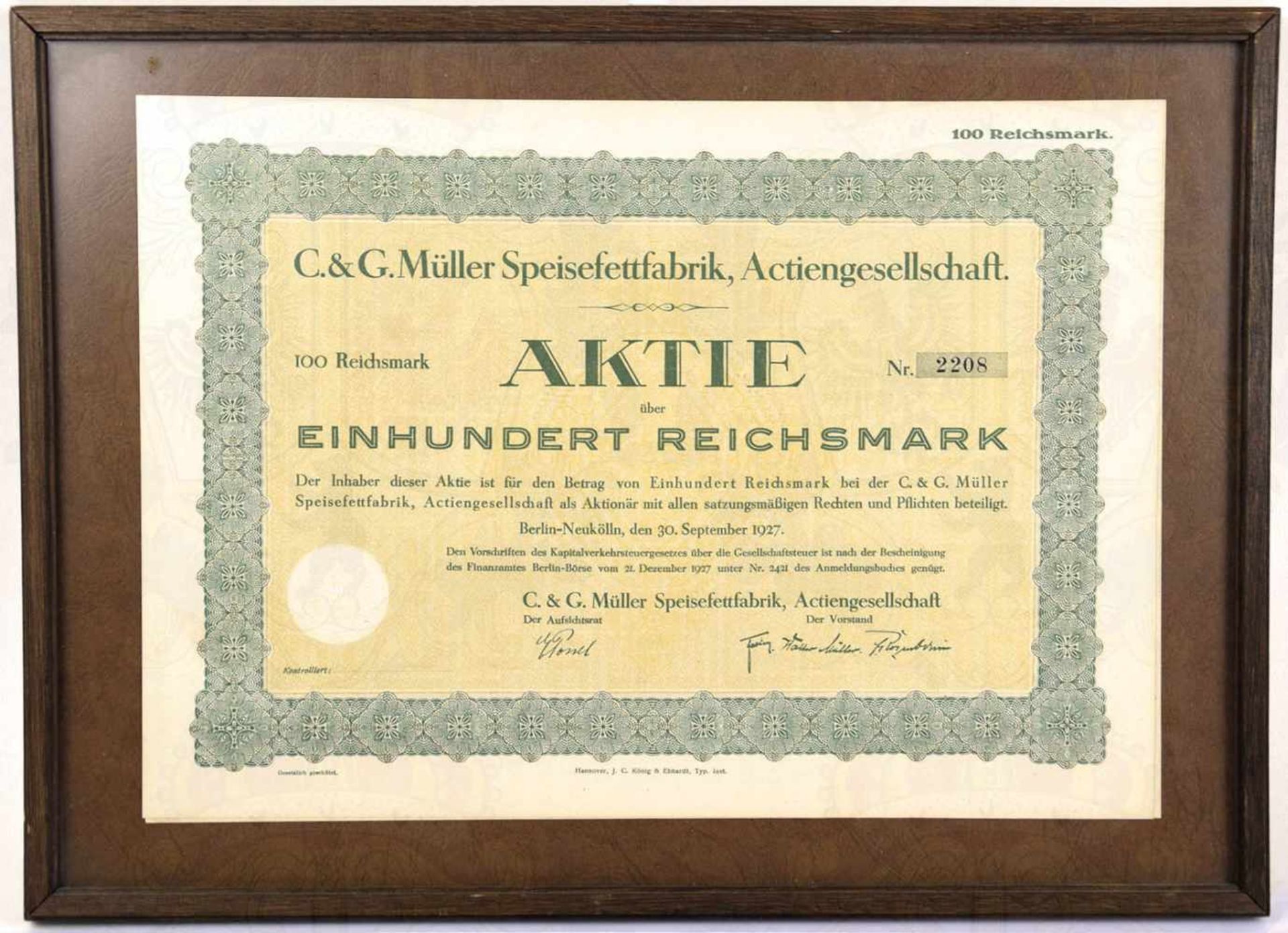 AKTIE DER C. & G. MÜLLER SPEISEFETTFABRIK BERLIN über 100 Reichsmark, 1927, Prägesiegel,