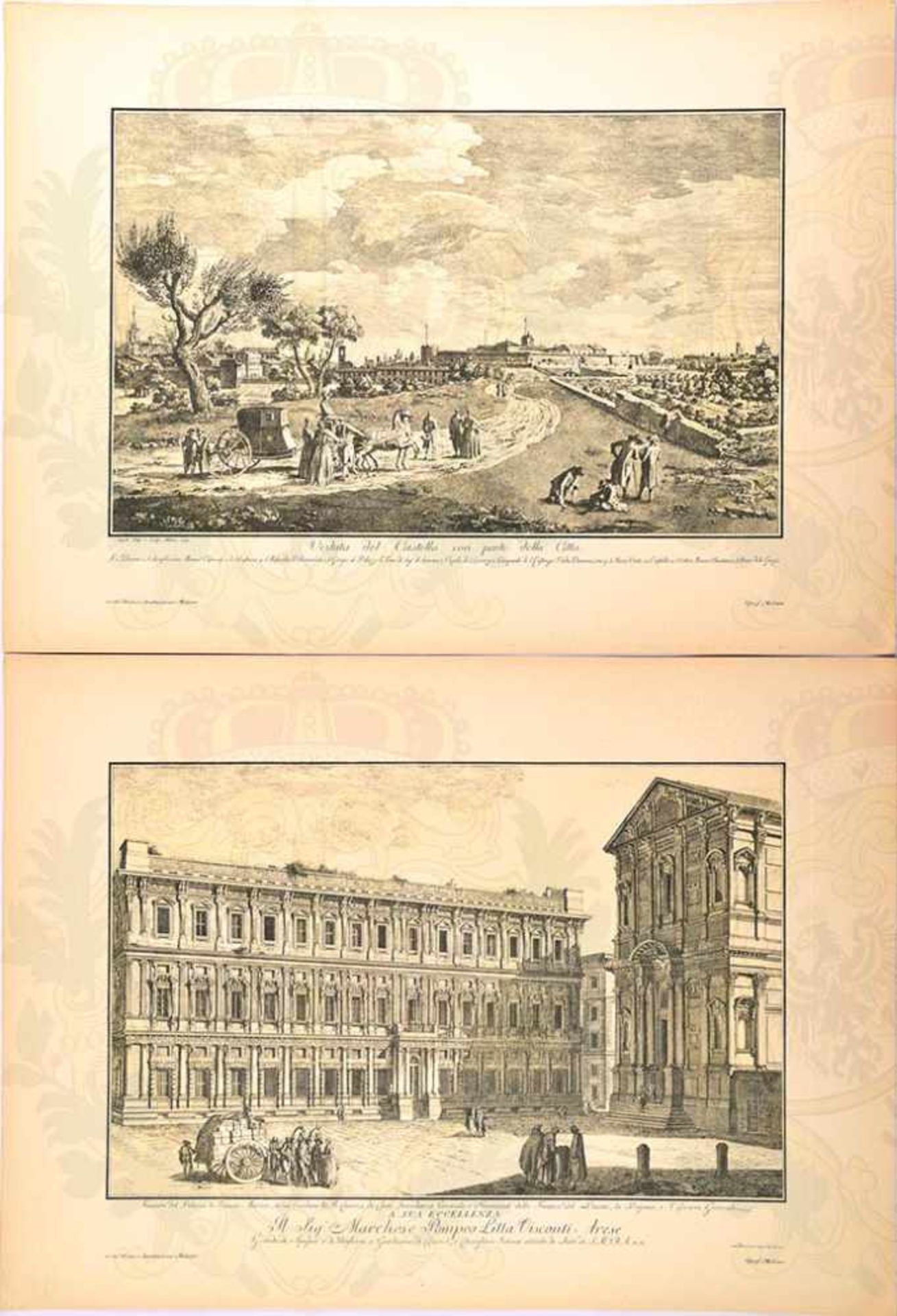 14 KUPFERSTICHE Veduten von Rom u. Mailand, dabei: Paläste, Tore, Kirchen u. Wehranlagen, 1. - Bild 2 aus 2