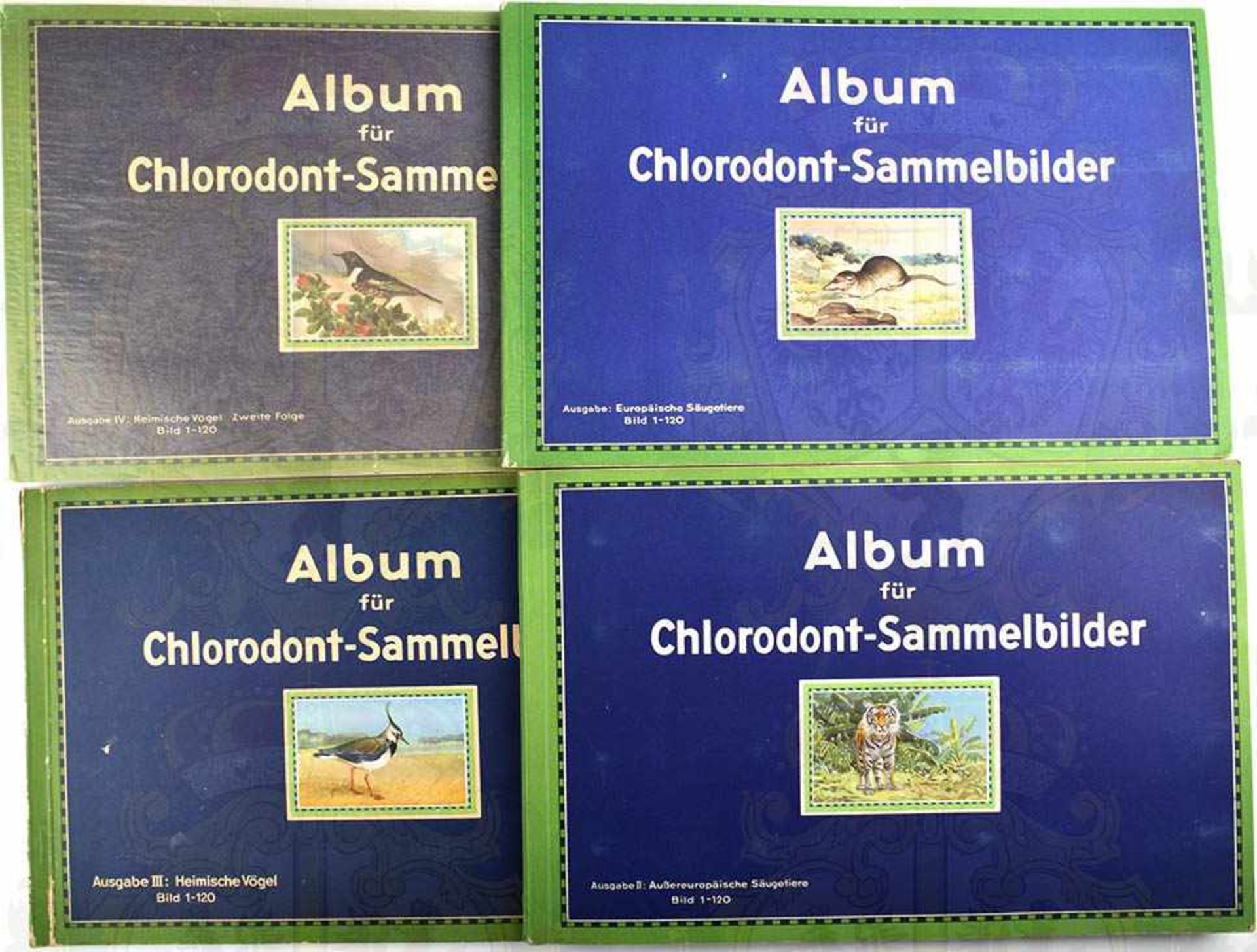 CHLORODONT-SAMMELBILDER, Bände 1-4, Europäische bzw. Außereuropäische Säugetiere, Heimische Vögel