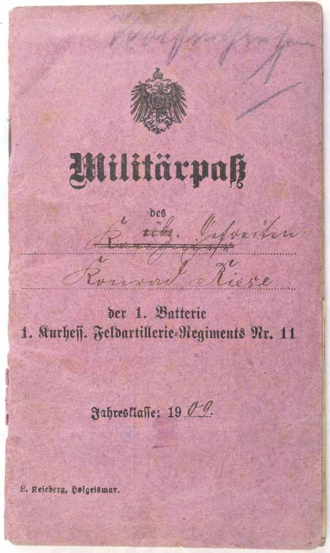 MILITÄRPASS GEFREITER, Kurhessisches Feldartillerie-Rgt. Nr. 11, zahlr. Eintr. 1909-1918, EK II, 2