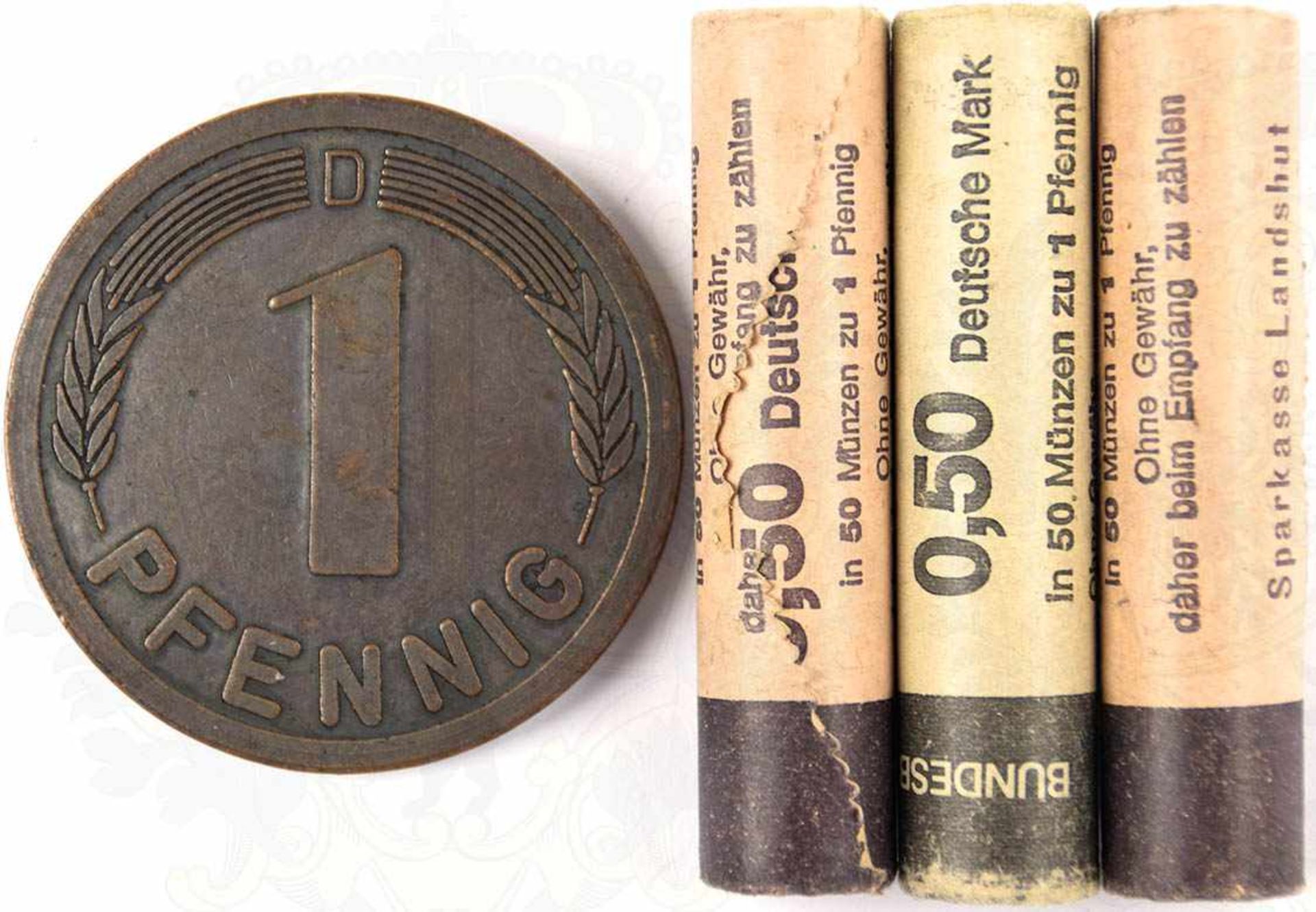 3 MÜNZROLLEN mit 1-Pf. Münzen, jew. 50 Stück, 1990/1992, dazu Sonderprägung einer 1-Pf. Münze,