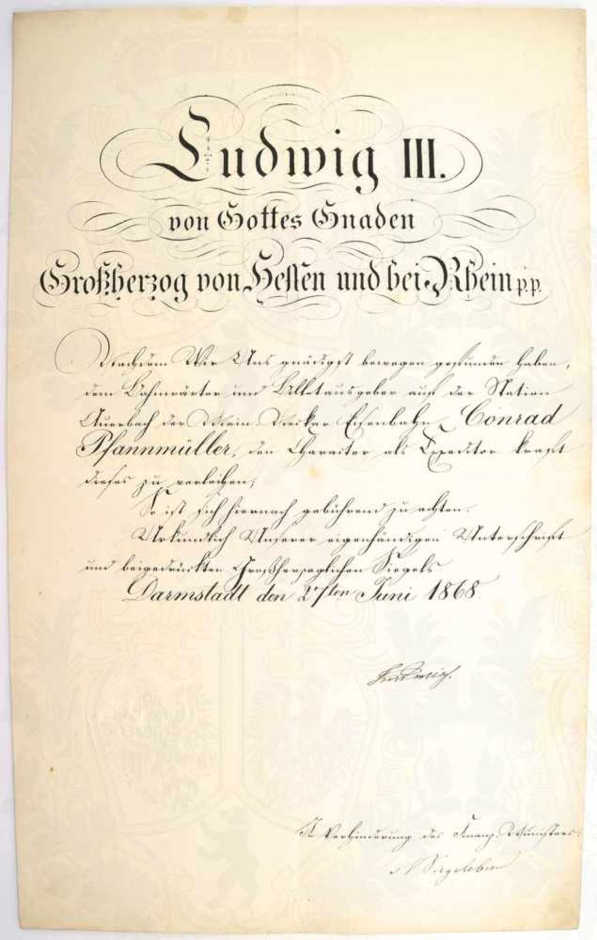 LUDWIG III., GROßHERZOG VON HESSEN-DARMSTADT, (1806-1877), Tinten OU „Ludwig“, Darmstadt, 27. Juni