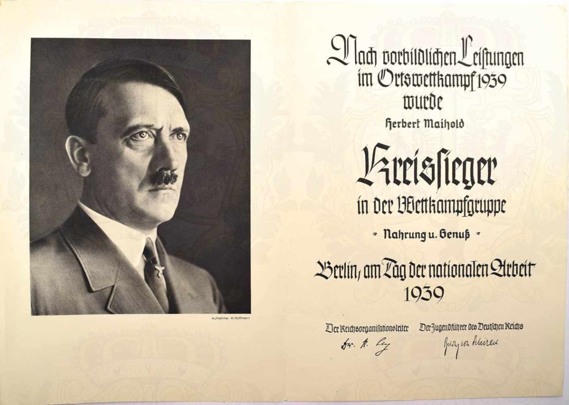 VU KREISSIEGER IM REICHSBERUFSWETTKAMPF 1939, Wettkampfgruppe „Nahrung u. Genuß“, A4 Doppelblatt - Image 2 of 2